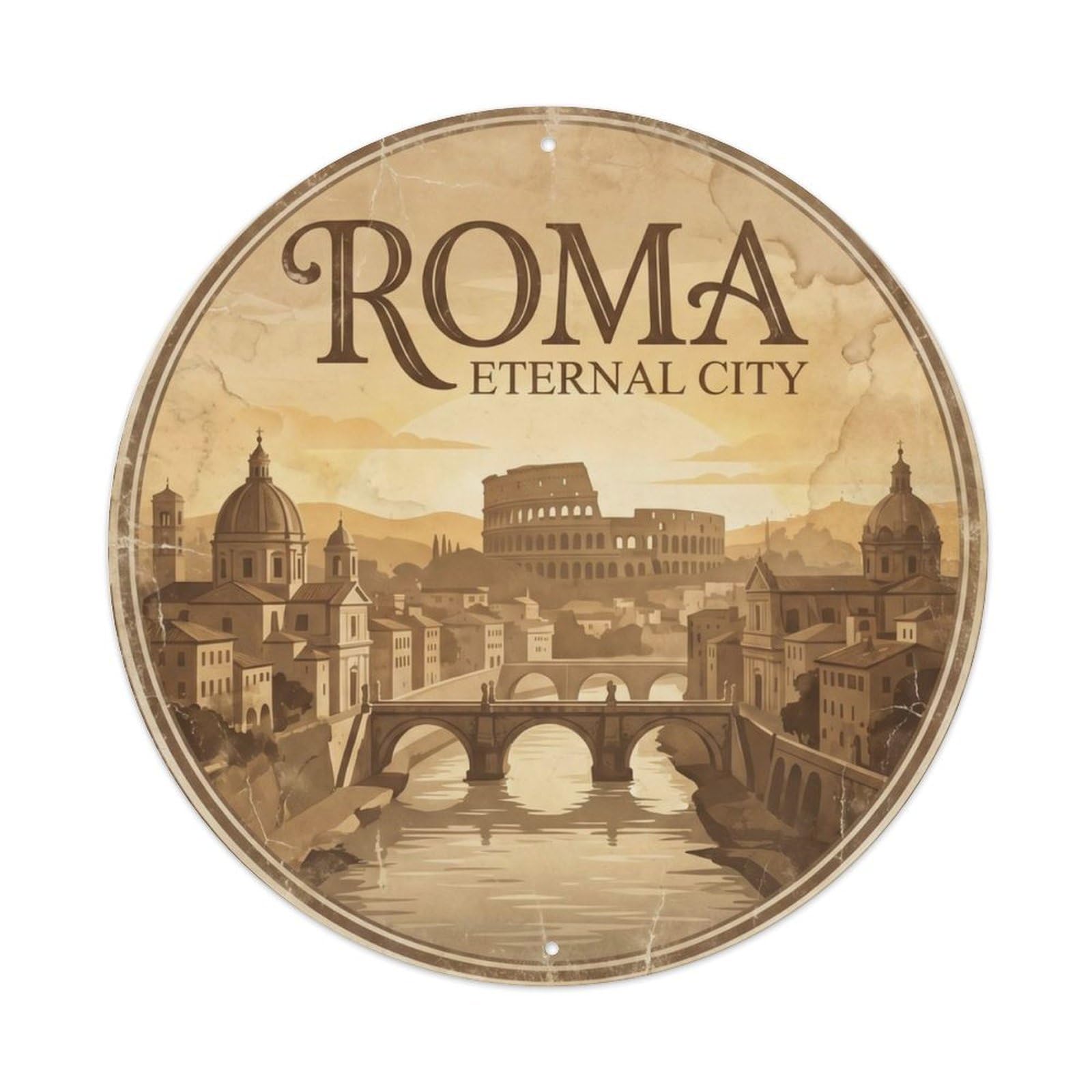 Vintage Travel Rome Tiber Ancient Metal Tin Sign Plaque Wall Decor for Cafe, Club Bar, Office, Home Garden Round Metal Poster 8x8Inch