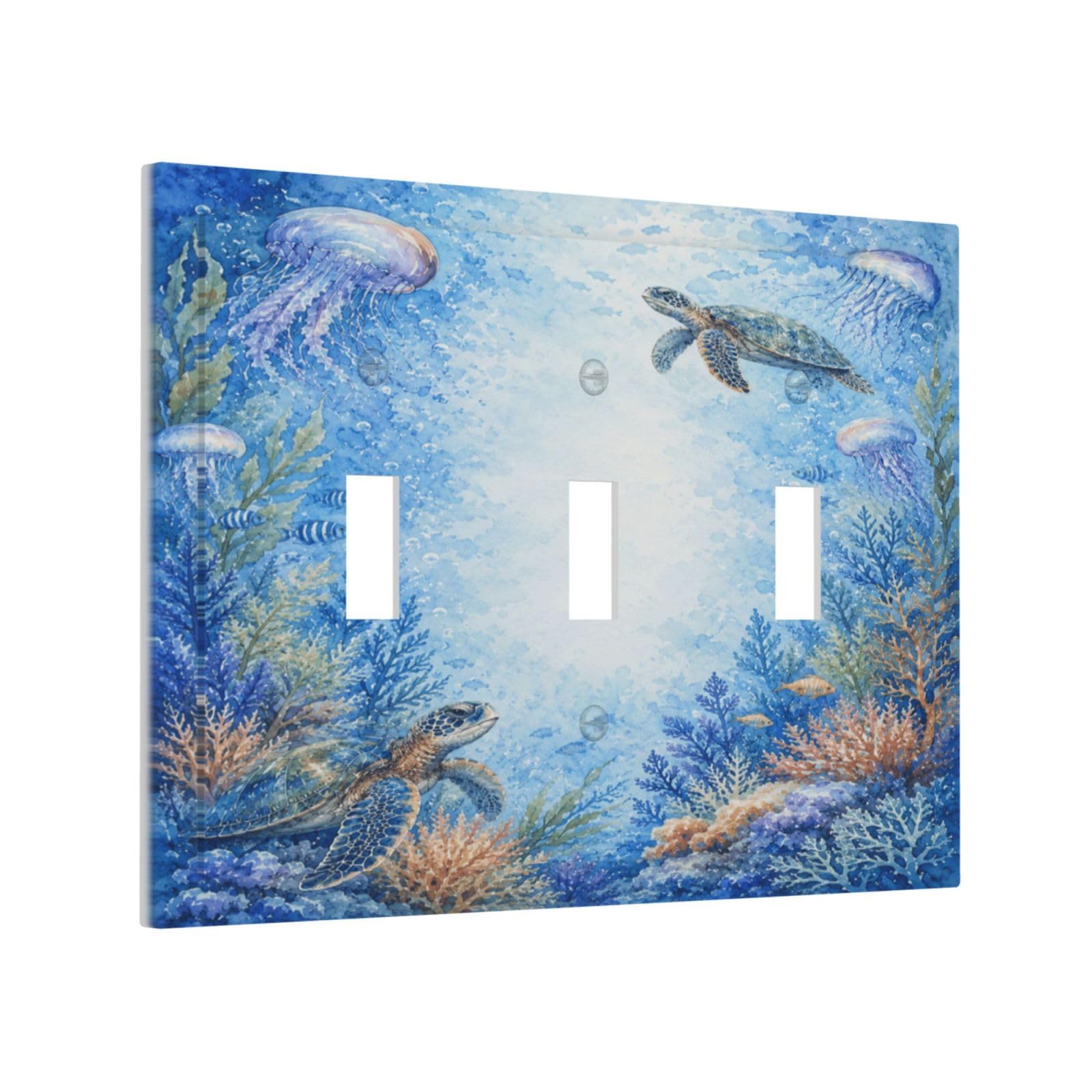 Yamxbfa Decorative Light Switch Cover Plate Blue Underwater Sea Turtle Pastel Jellyfish Coral Seaweed 3 Gang Wall Plates Triple Toggle Switch Plate Covers Outlet Covers for Bathroom Decor