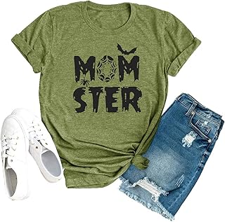 Momster T Shirt Women Funny Halloween Spider Bat Graphic Tee Casual Mom Ster Letter Print Hocus Pocus Tops