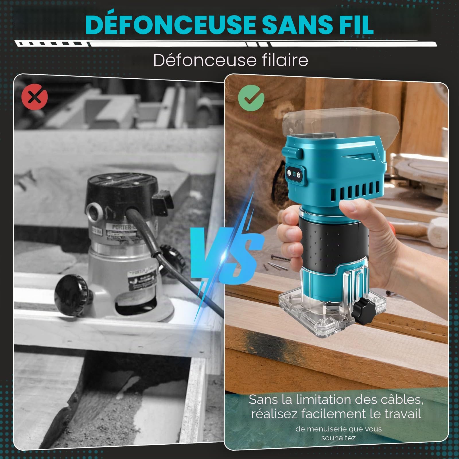 Fraiseuse sans fil compatible avec batterie Makita 18 V, 850 W, 30 000 tr/min, tailleuse de bois sans balais à 6 vitesses pour le travail du bois avec 15 pièces de fraises de 1/4" (sans batterie)