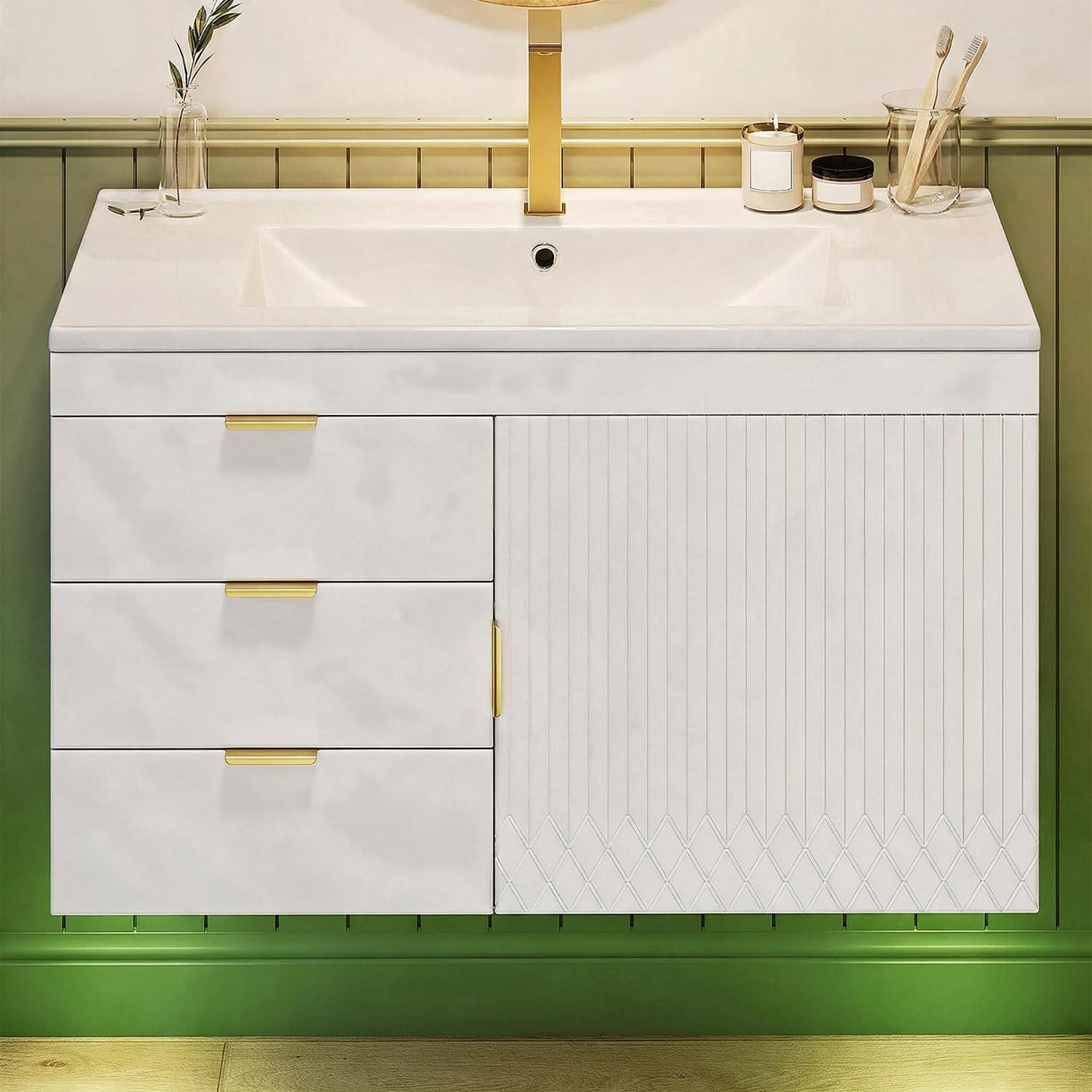 Meuble de Salle de Bain Suspendu avec Vasque en céramique, éclairage LED Intelligent, tiroirs à Fermeture Douce, Rangement Mural Moderne (Blanc)