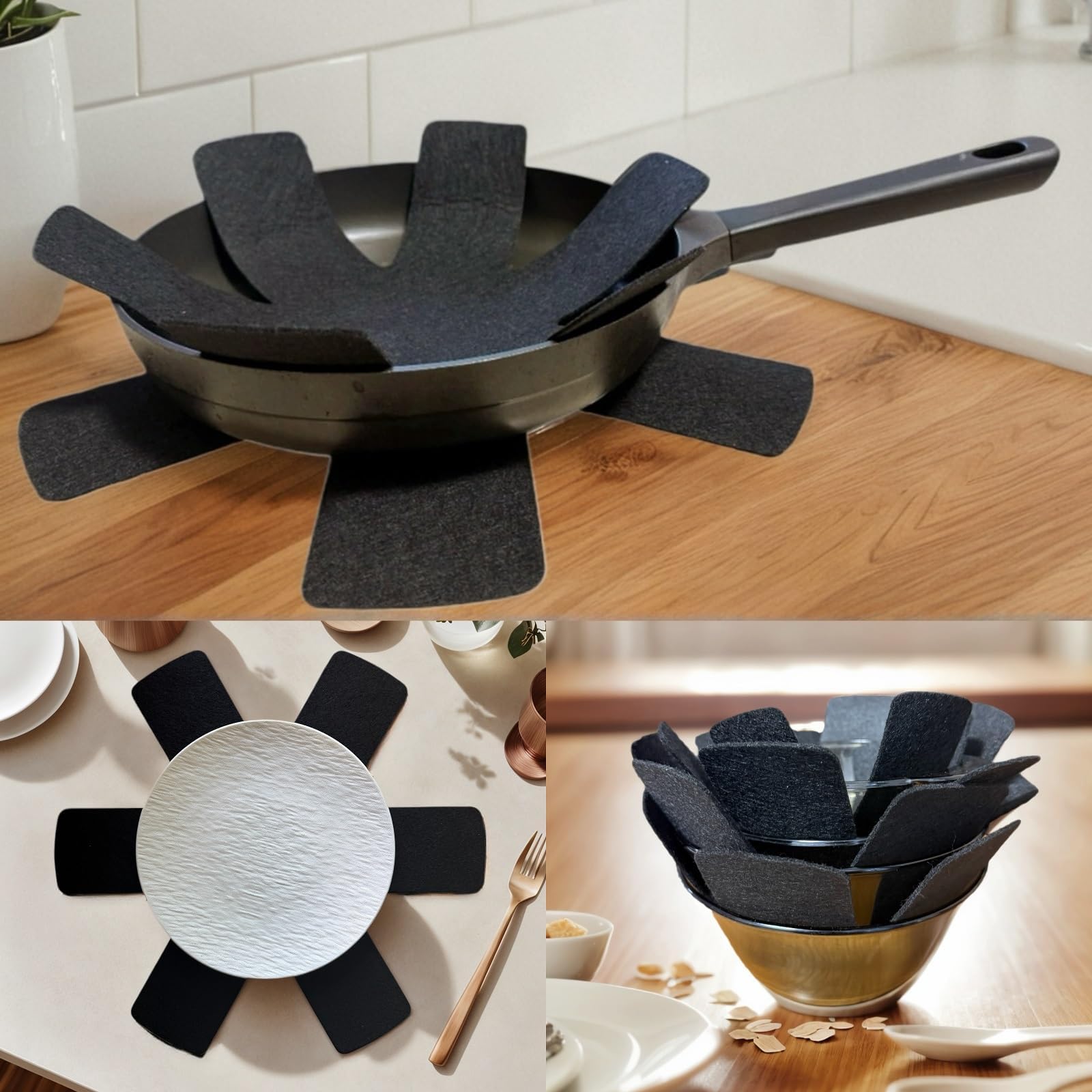 10 Piezas Protector Sartenes, Separador Sartenesde, Protector de Olla Antideslizante, Protectores de Fieltro, para Evitar Arañazos en Utensilios de Cocina, 20 cm (Negro)