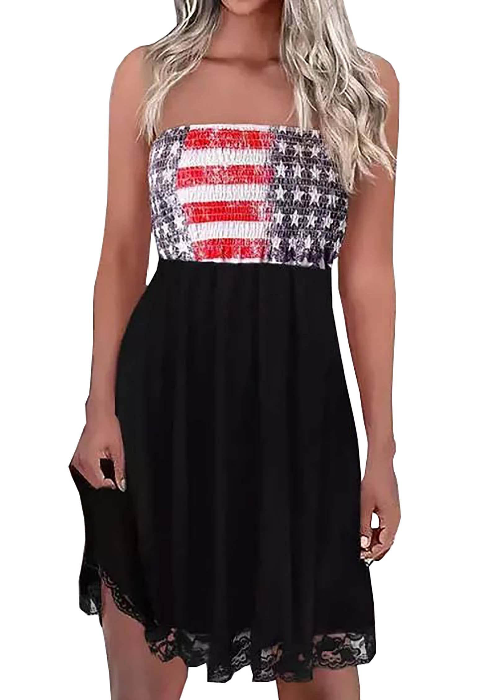 LLHXRUI American Flag Smocked Strapless Bandeau Mini Dress Women USA Stars Stripes Tube Top Dress Beach Sundress Cover Ups