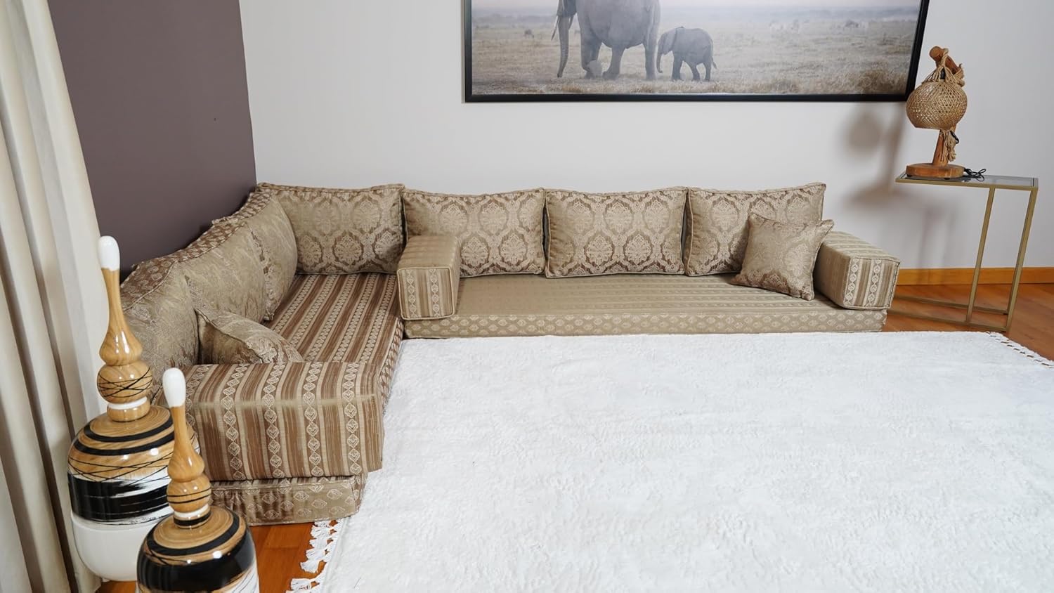 L Shaped Bench Cushion, Arabic Couch, Moroccan Sofa Set, Turkish Floor Sofa, Diwan Sofa, Floor Pillow, Arabic Seating Sofa Set (8'' Thickness Sofa, L Sofa + Ottoman + Pillows, Royal Gold)