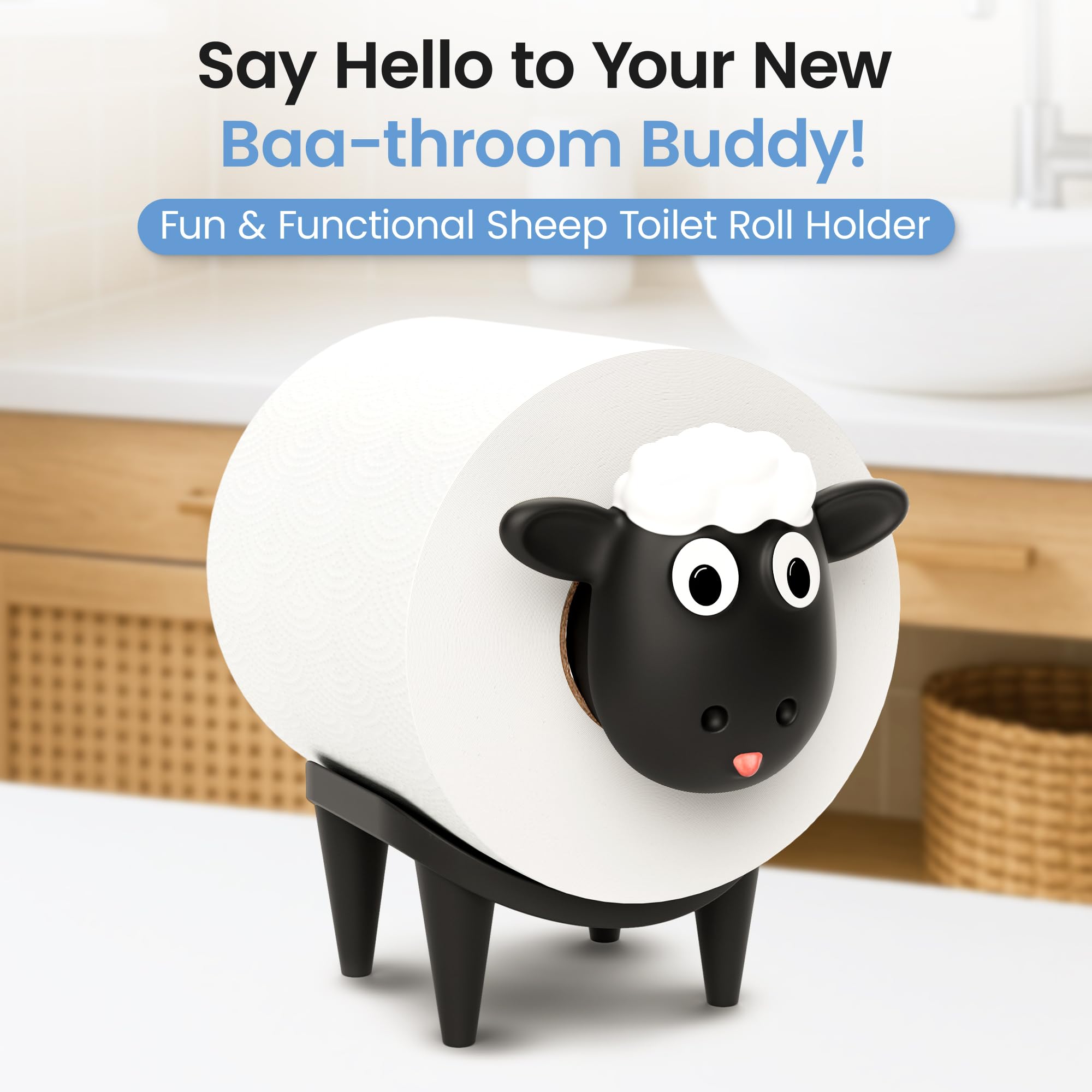 Sheep Toilet Paper Holder – Funny Farmhouse Bathroom Decor – Free Standing Toilet Paper Organizer – Cute Sheep Toilet Roll Holder – Fun Animal Toilet Paper Holder for Rustic Bathroom Style