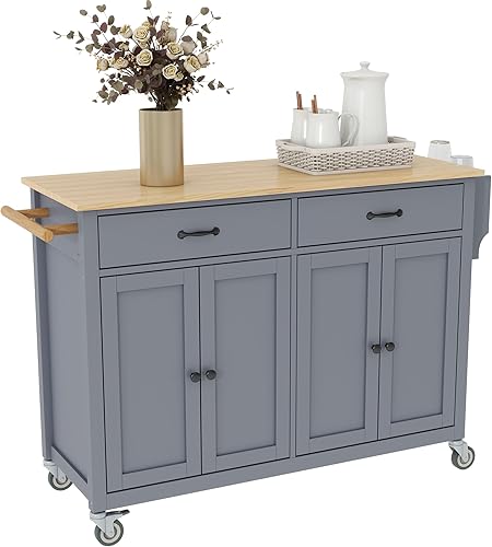 Miniatura 29 de LUMISOL Carrito de isla de cocina grande con 2 cajones, isla de cocina con ruedas con parte superior de madera maciza, isla portátil con 2 gabinetes