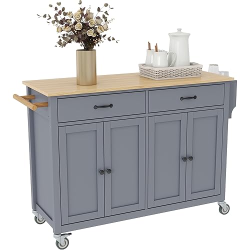 LUMISOL Rolling Kitchen Cart with 2 Drawers, Kitchen Island on Wheels with Solid Wood Top and Storage Cabinets, Portable Island for Dining Room Living Room, Grey Blue