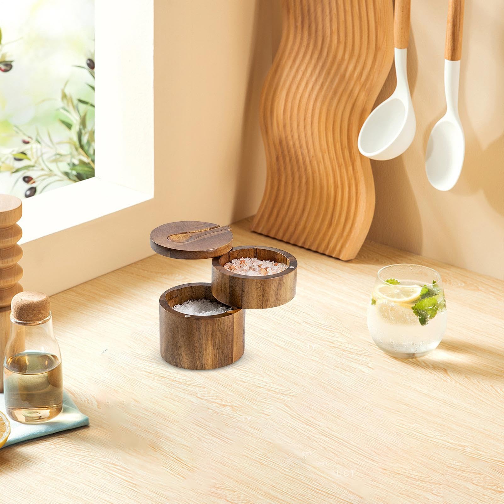 Portasale rotondo in legno con coperchio e cucchiaio, adorabile contenitore per sale e pepe a doppio strato, in legno naturale, per organizzare condimenti sul piano di lavoro della cucina, marrone