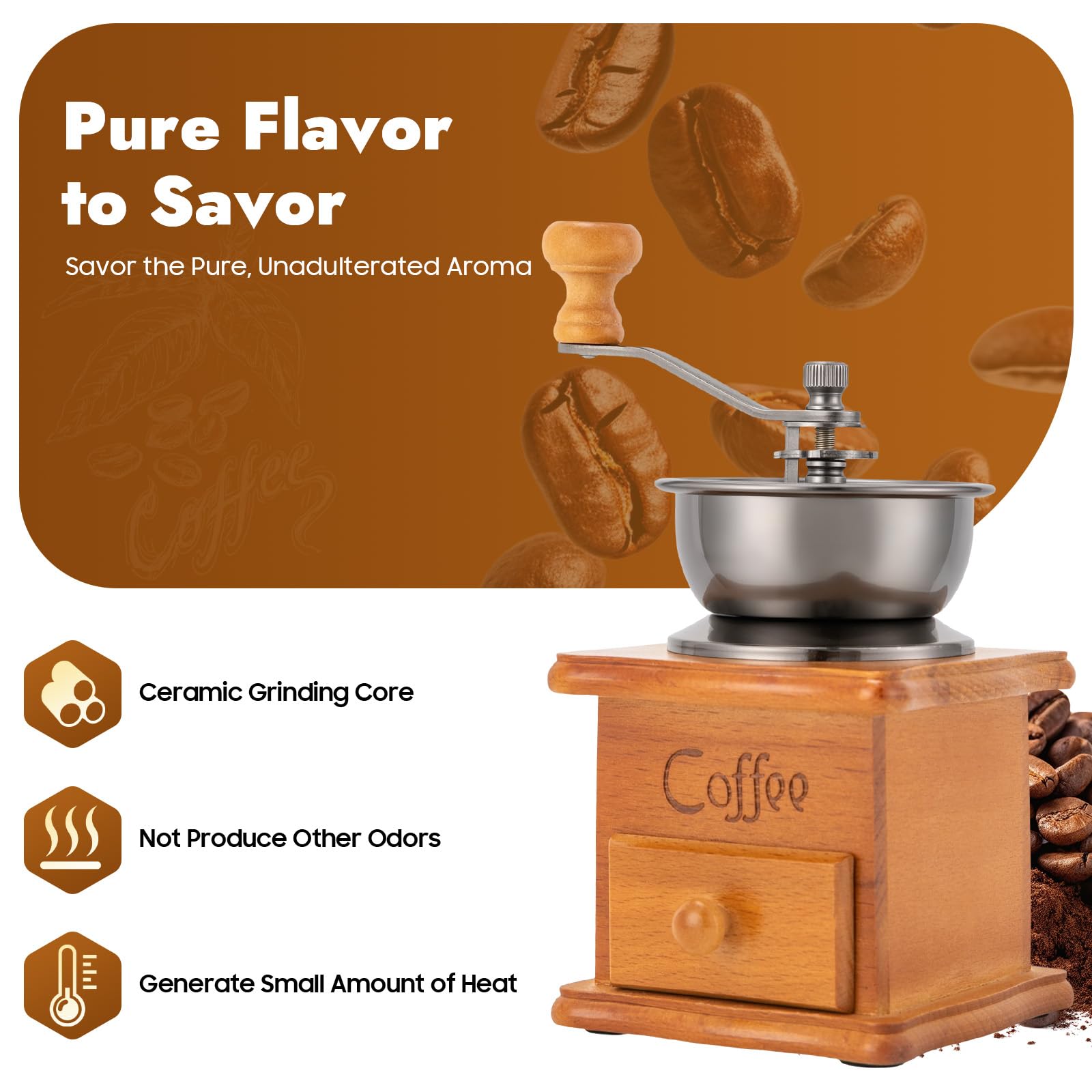 Molinillo de café manual, molinillo de mano de madera retro, molinillo de café con manivela, fuerza de molienda ajustable, molinillo de granos de café con cajón de madera, portátil para