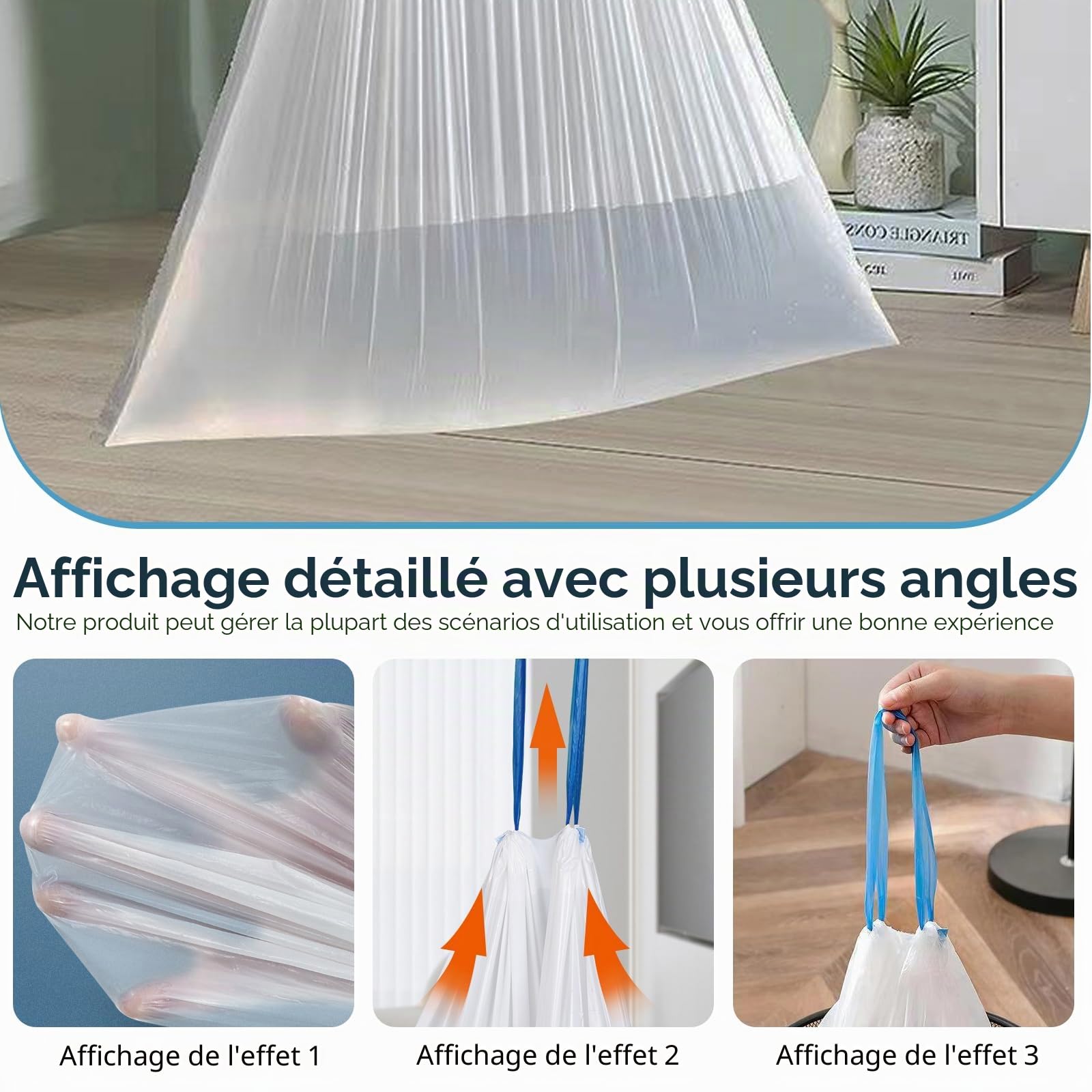 Sporgo Lot de 160 sacs poubelle avec poignée de transport : sacs à litière pour chat autonettoyants avec cordons de serrage, sac à litière pour chat, recharge pour litière pour chat, 8 rouleaux