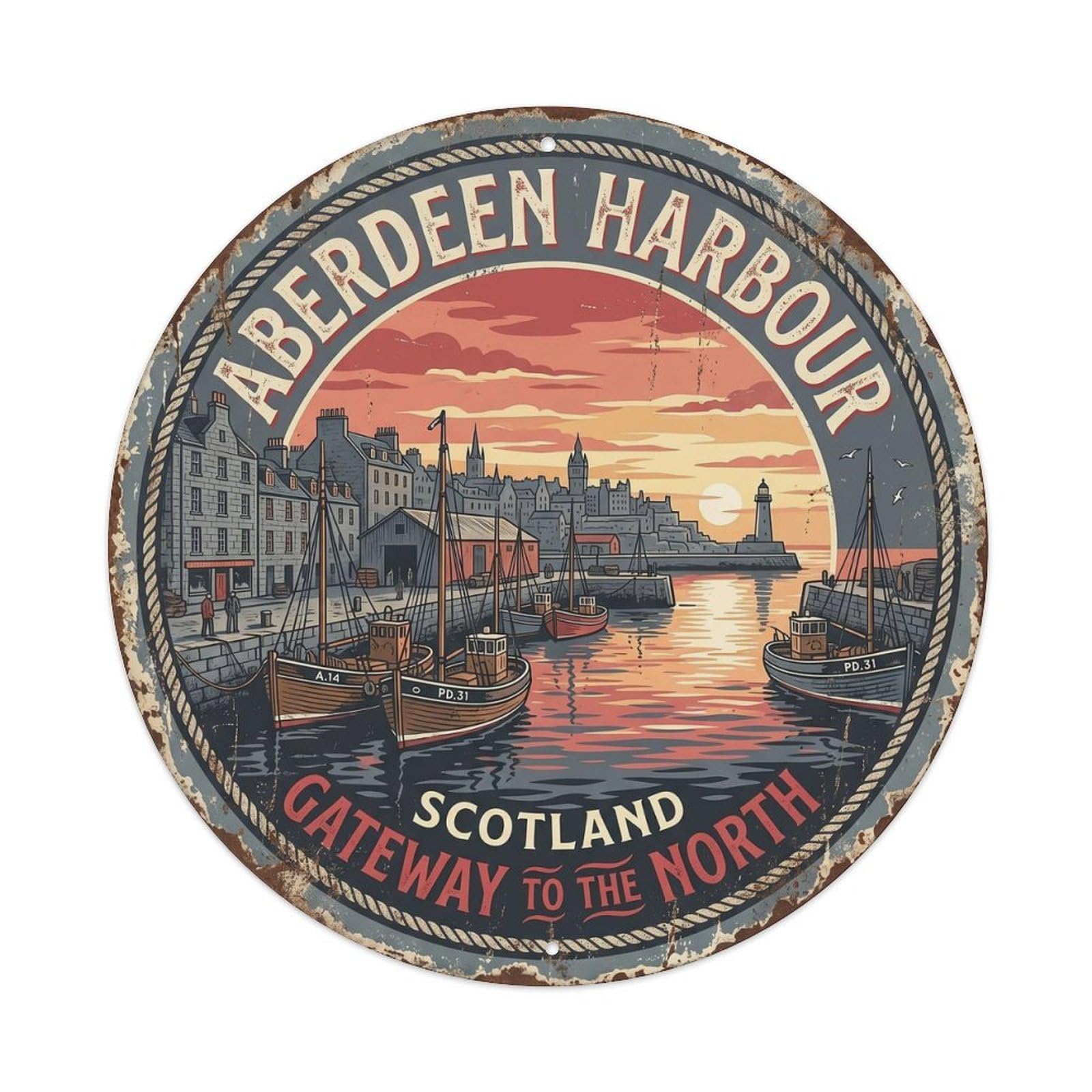 Vintage Travel Aberdeen Harbour Scotland Metal Tin Sign Plaque Wall Decor for Cafe, Club, Garden Round Metal Poster 8x8Inch