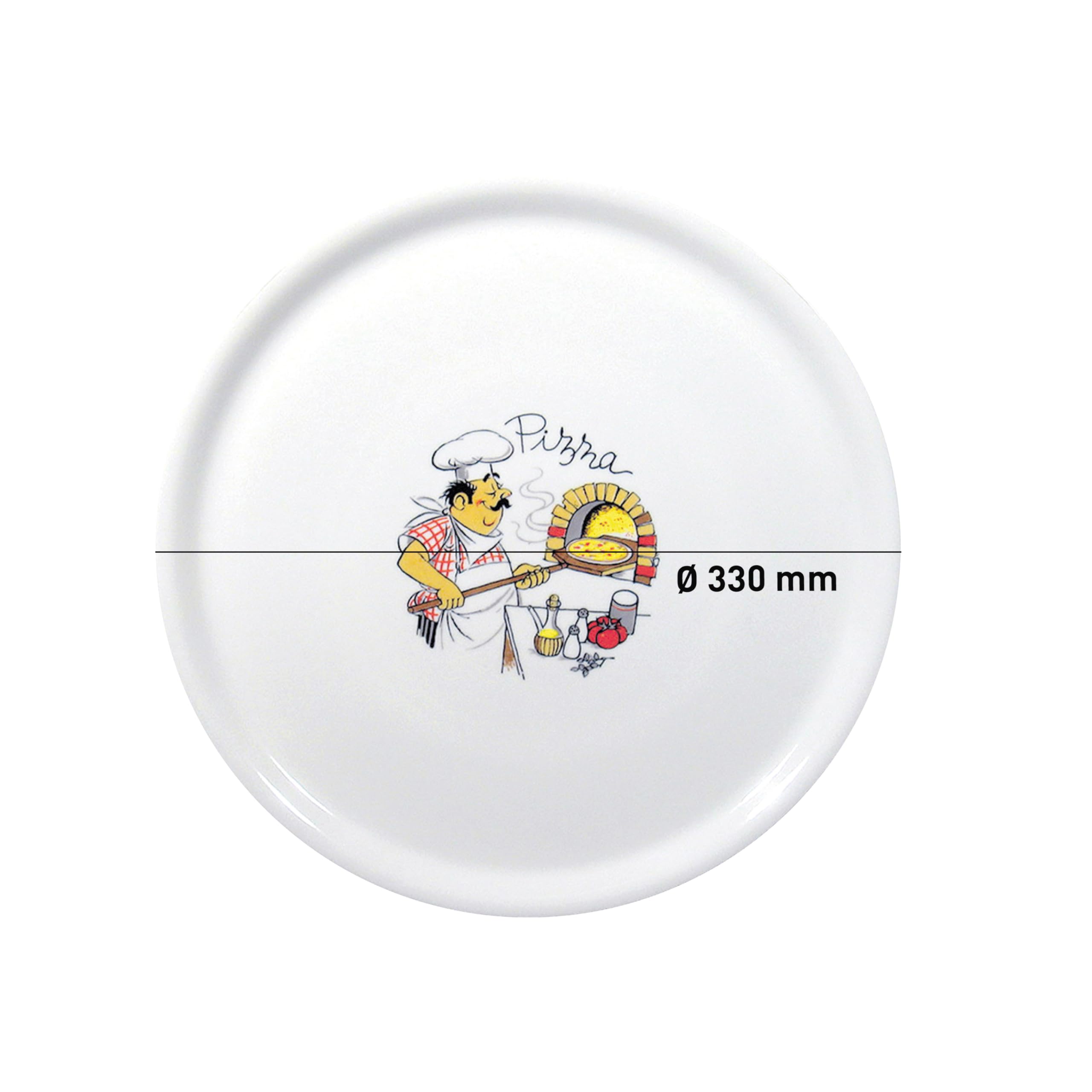 HENDI Assiette à Pizza Ronde en Porcelaine Émaillée avec Motif Chef et Four, Assiette Traditionnelle pour Servir la Pizza, Compatible Micro-ondes et Lave-vaisselle, ⌀330mm, Blanc