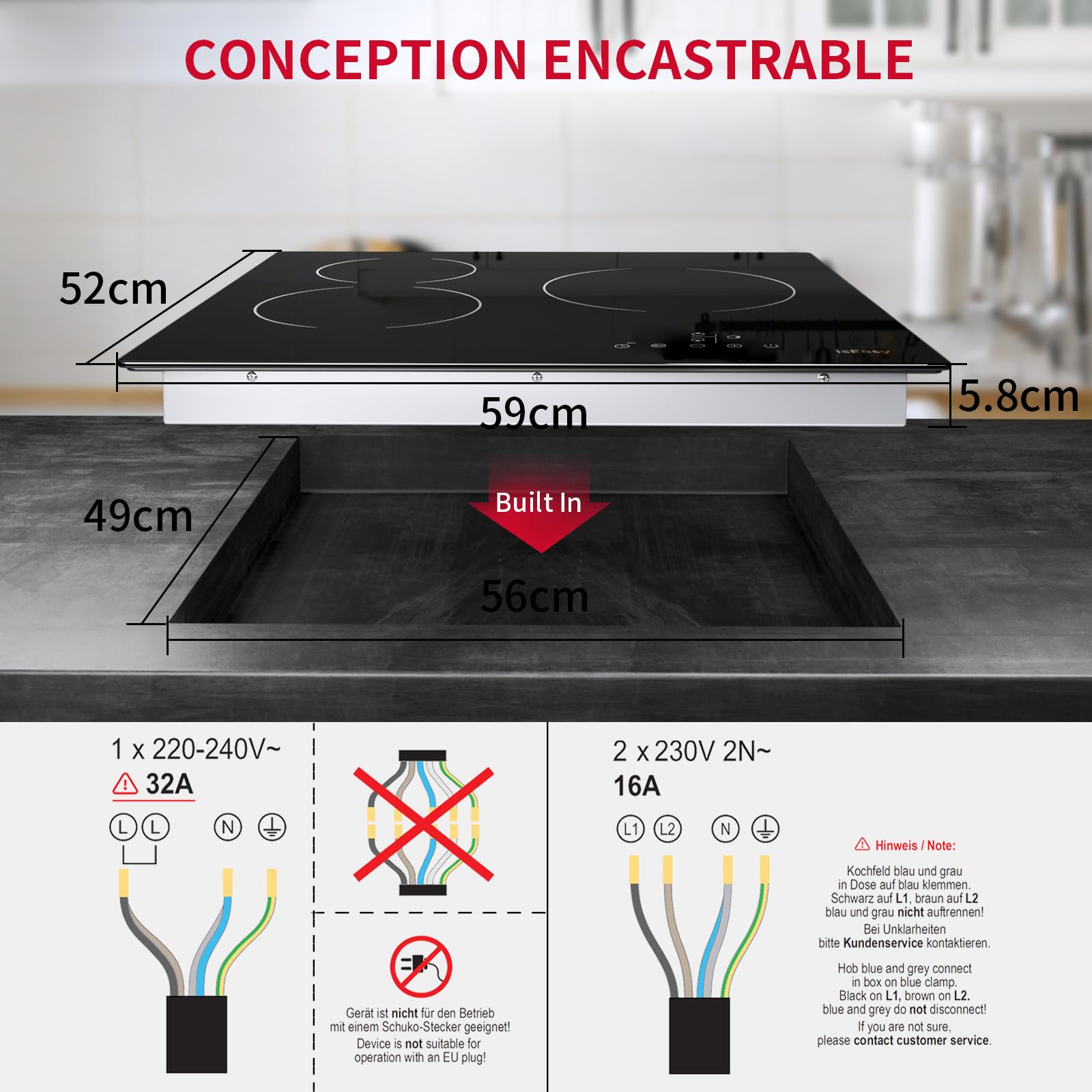 IsEasy Plaque Vitrocéramique 3 Feux Encastrable 60cm 5500W Minuteur 9 Niveaux de Puissance