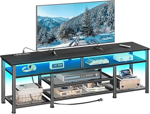 Miniatura 11 de Furologee Soporte de TV con tomas de corriente y luces LED, centro de entretenimiento de 55 pulgadas para televisores de 55 y 60 pulgadas, mesa