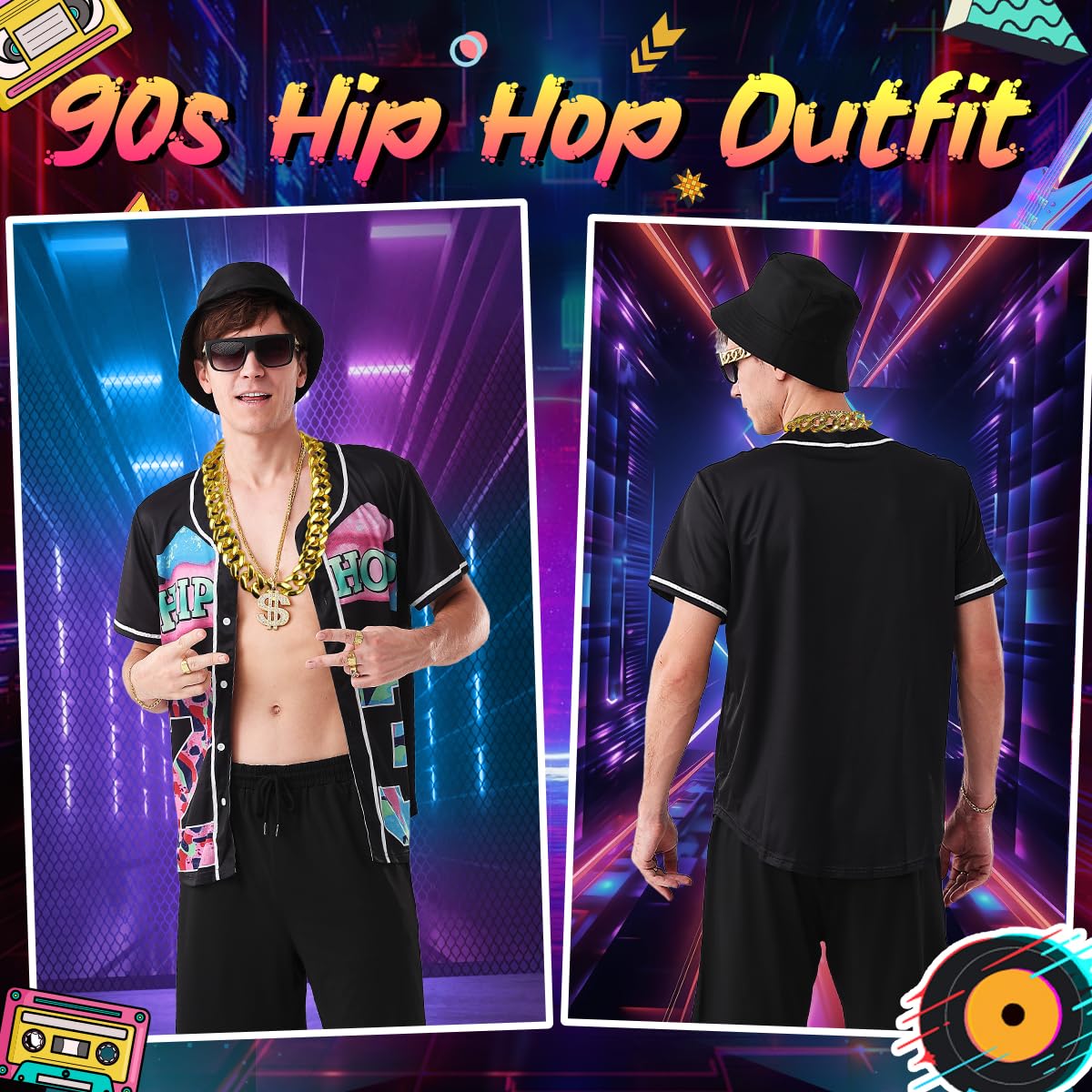 Costume da uomo anni '80 e '90, stile hip hop, maglia da baseball, camicia, pantaloncini, accessori rapper anni '90