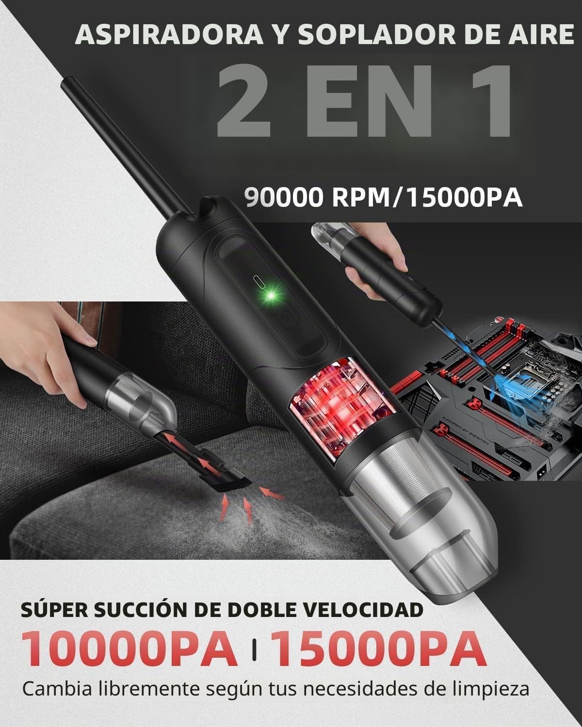 Aspiradora de Mano 2 en 1 y Soplador de Aire Comprimido Eléctrico, 10000-15000Pa, 50000-90000 RPM, Aspiradora para Coche Inalámbrica con 2 Velocidades, 120W, Batería de 8000mAh, para PC Portátil y PS5
