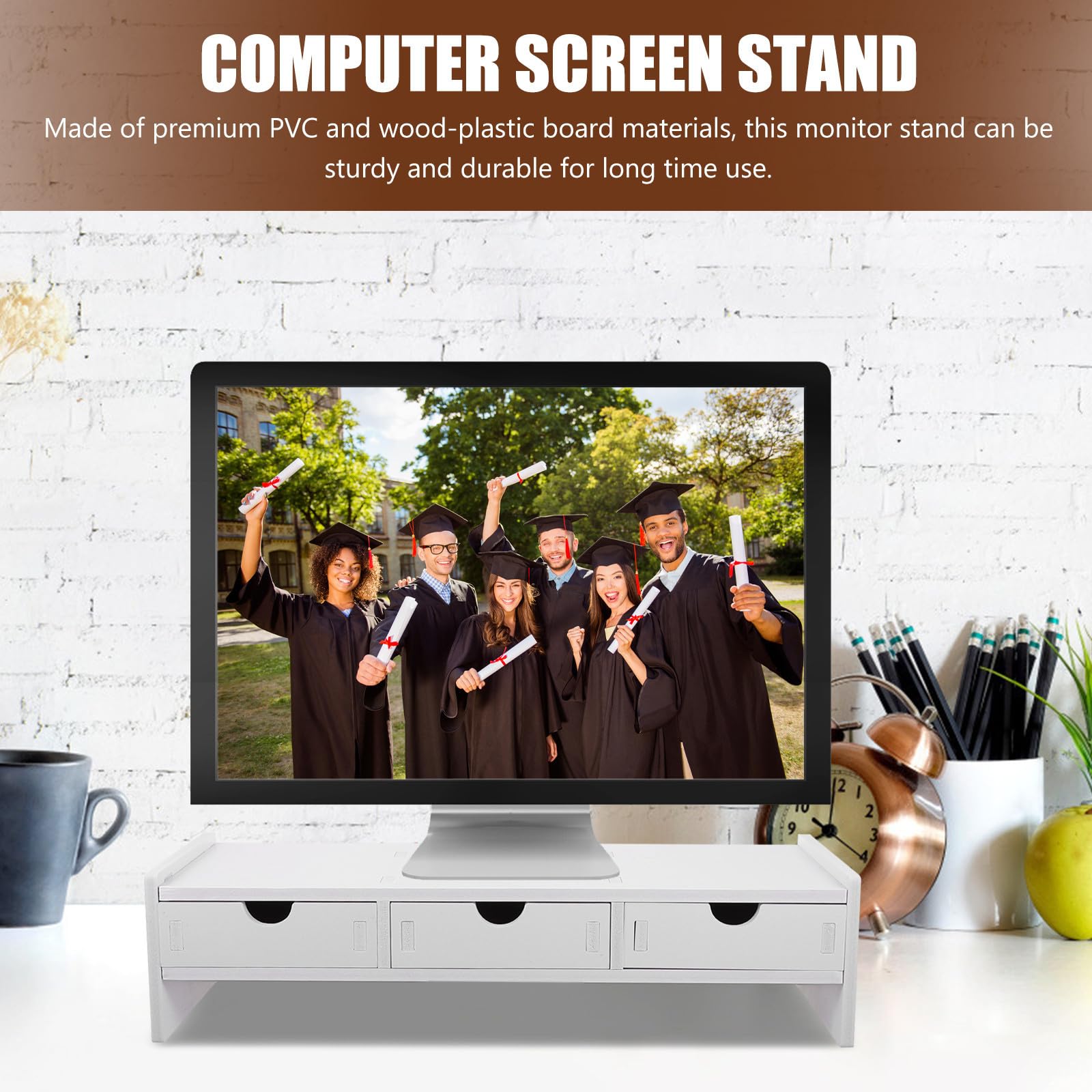 Supporto per Monitor Bianco in PVC Tre Cassetti per Aumentare Altezza Display e Organizzare Scrivania, per Ufficio e Postazioni Computer