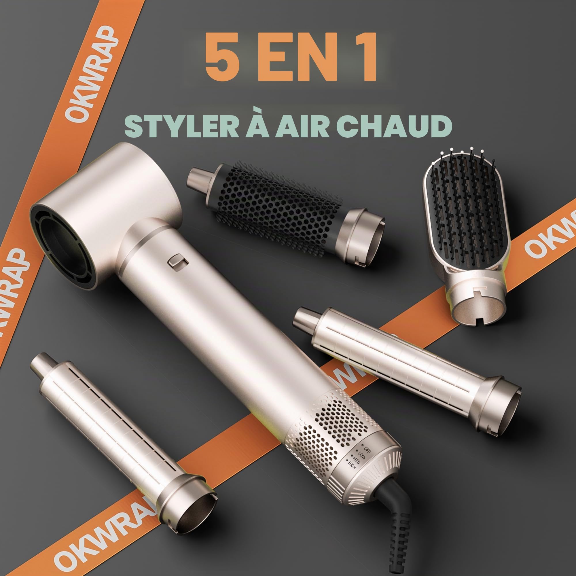 OKWRAP Airbrush 5 en 1, Hair Styler Air Brush 5 en 1 Air Styler avec Seche Cheveux, Brosse Soufflante, Fer a Boucler, Thermal Brush, Brosse Lissante Seche Cheveux 5 en 1 pour Sécher, Boucler, Lisser