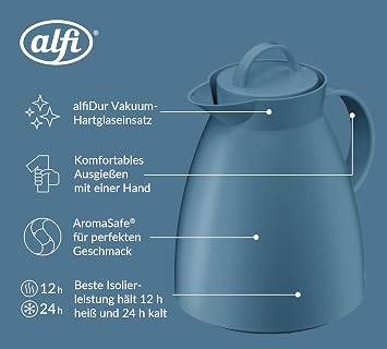 alfi DAN 100l blau Vintage Indigo silt Green Kunststoff-Isolierkanne mit hygienischem Hartglaseinsatz Drehverschluss Designerstück ideal als Kaffeekanne Teekanne BPA-frei 24h kalt Thermoskanne für Kaffee & Tee mit absolut dichter Drehverschluss blau
