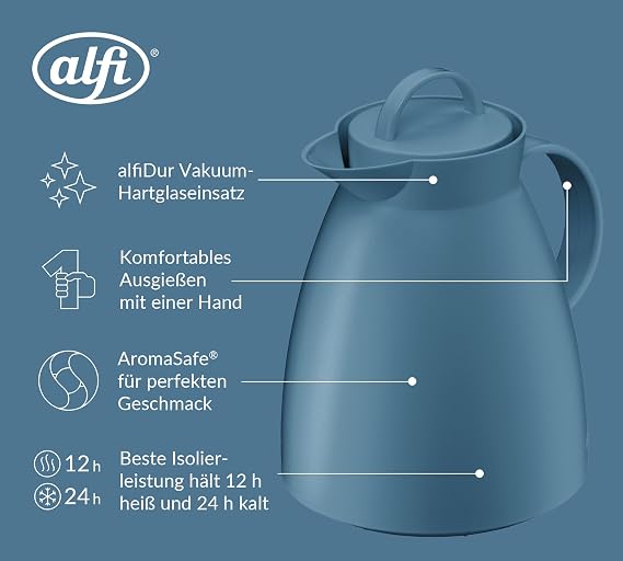 alfi DAN 100l blau Vintage Indigo silt Green Kunststoff-Isolierkanne mit hygienischem Hartglaseinsatz Drehverschluss Designerstück ideal als Kaffeekanne Teekanne BPA-frei 24h kalt Thermoskanne für Kaffee & Tee mit absolut dichter Drehverschluss blau