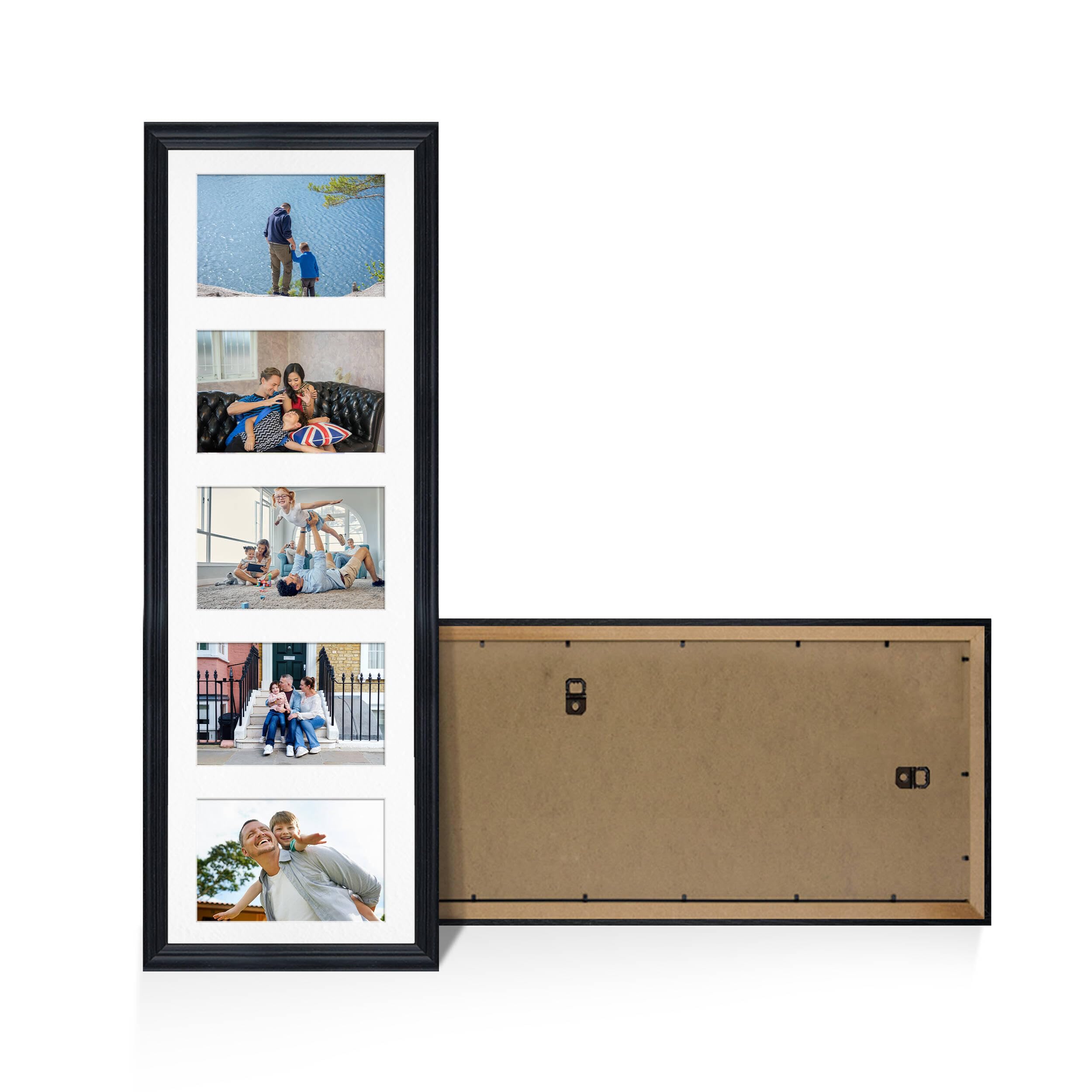 Alison Kingsgate Black 26x8 Photo frames for multiple pictures - 5 Apertures Collage Frame with White Mount - Holds (5x) 6x4 Photos - Engineered Wood & Perspex