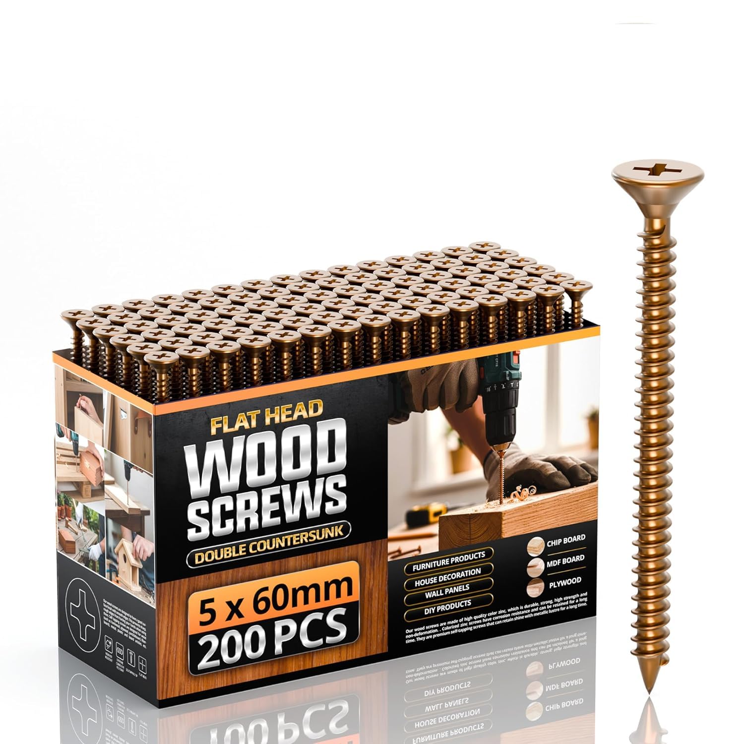 200PCS 5 x 60mm Wood Screws, Countersunk Pozi Drive Wood Screws, Zinc Plated Multipurpose Timber Screws for Wood, Chipboard, MDF, DIY, Furniture Assembly, Interior & Exterior Fixings — image 1