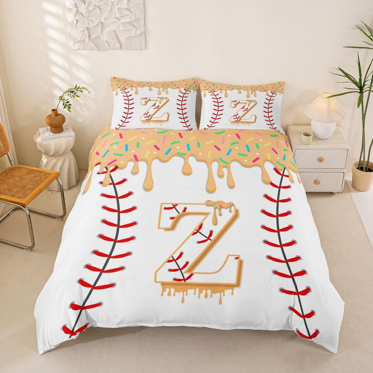 jejeloiu Baseball Ice Cream Duvet Cover Toddler Size Initial Letter K Bedding Set Breathable Soft Yellow Ice Cream Comforter Cover 2Pcs Game Sports Bedroom Decor