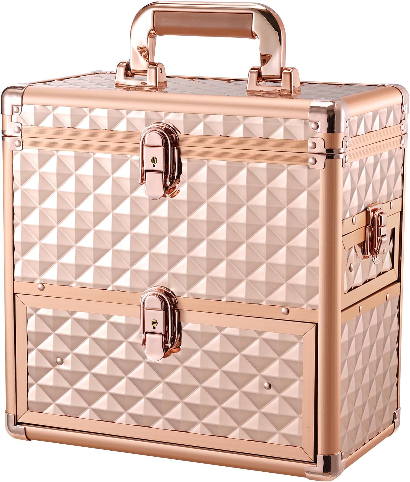 Makeup Train Case Professional Makeup Organizer Case with Drawer Mirror Extra Large Makeup Manicure Accessory with Dividers Travel Cosmetic Case for Cosmetologist Nail Tech Kits Makeup Case Rose Gold