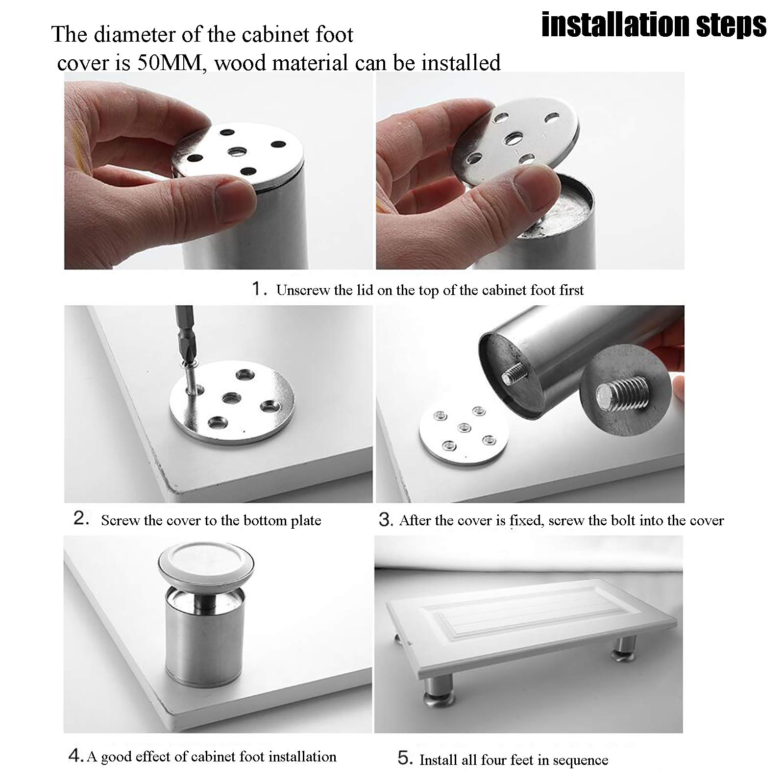 ZZXY Patas para Muebles, 4 Piezas Altura Regulable,Patas de Cocina de Acero Inoxidable, con Tornillos de Acero Inoxidable, 4 Piezas Plateado