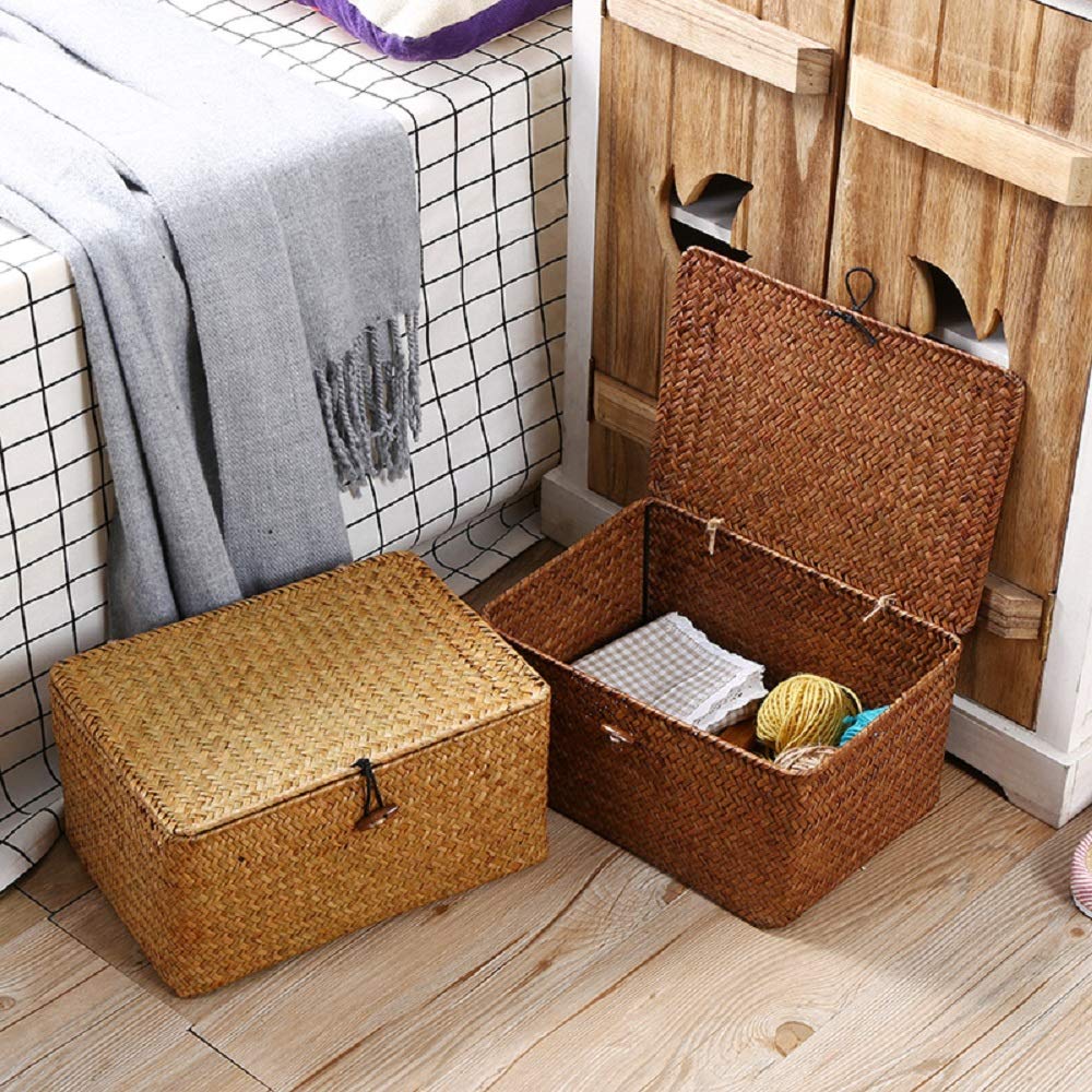 WOOD MEETS COLOR Wicker Storage Baskets with Lids, Set of 2 Seagrass Baskets with Lids Seagrass