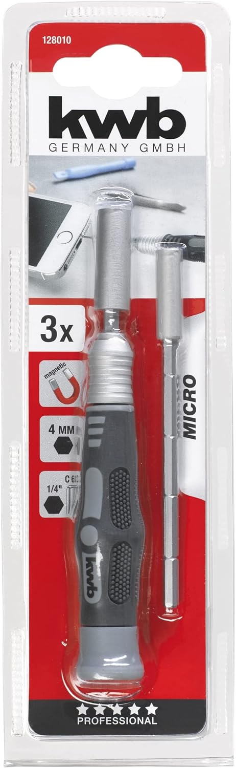 kwb Micro Bit Holder - 3 Piece Set Includes 2 x Extensions for 4mm Micro Bits and Bits with Shaft with C Magnetic Holder