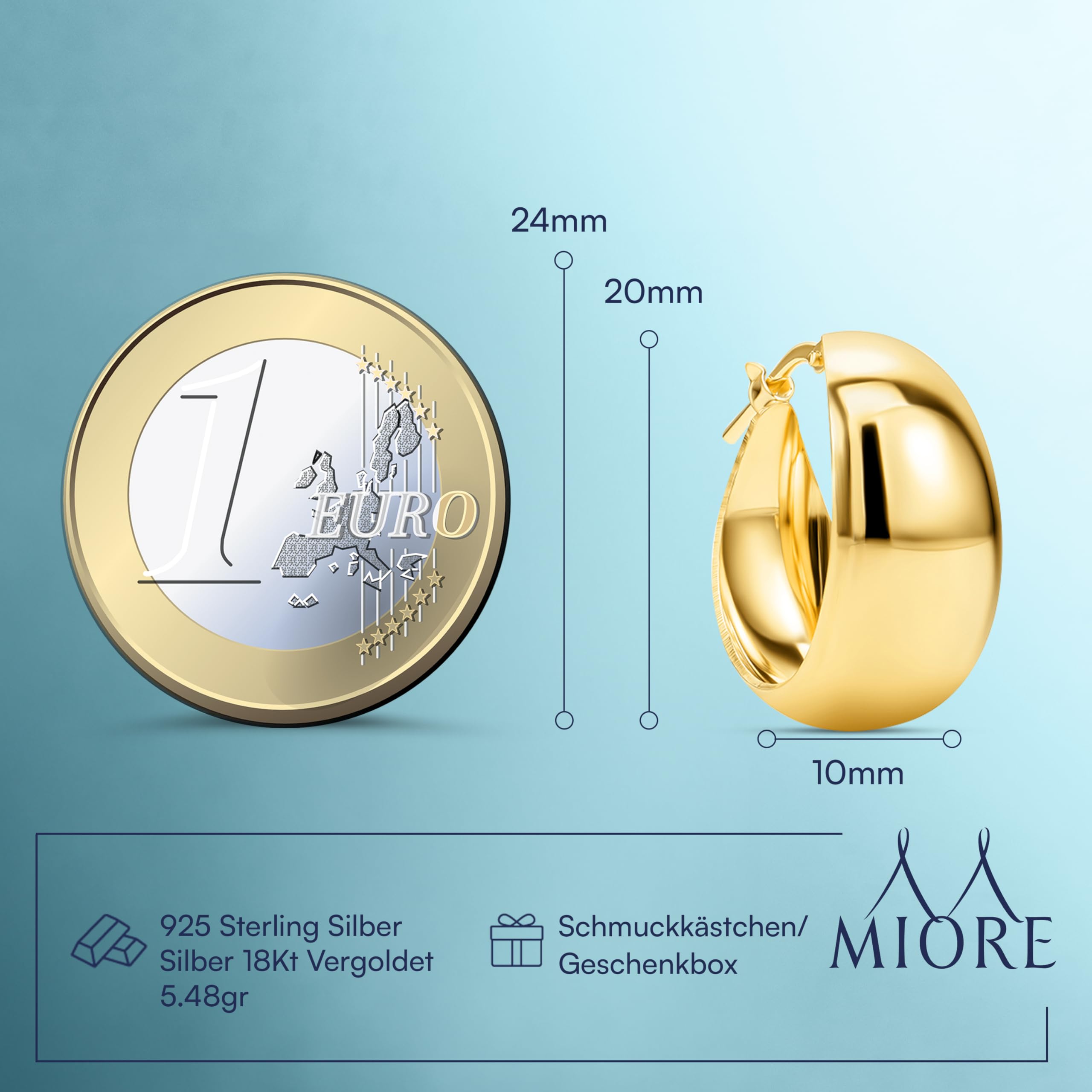 MIORE Ohrringe Silber 925, Creolen Silber 925 18K vergoldet, Chunky Hoops 20 mm, Hoops Ohrringe Vergoldet, Handgefertigt in Italien, Damenohrringe, Schmuck Damen, Silberschmuck -in edler Schmuckbox