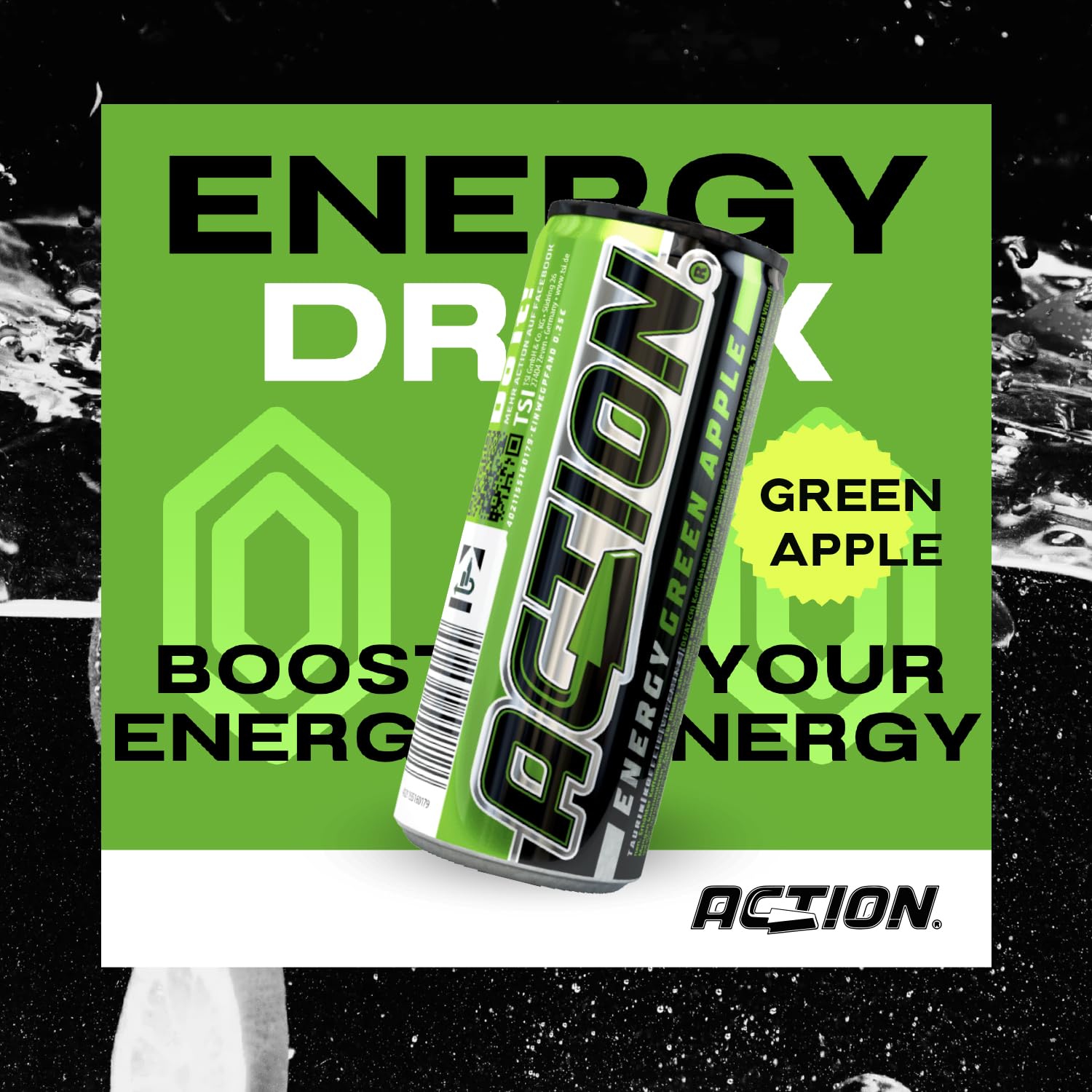 Action Energy Drink Green Apple (48 x 250 ml) incluye depósito – Refresco con sabor a manzana verde – patata energética con mayor contenido de cafeína 31,5 mg/100 ml de cafeína enfoque mejorado
