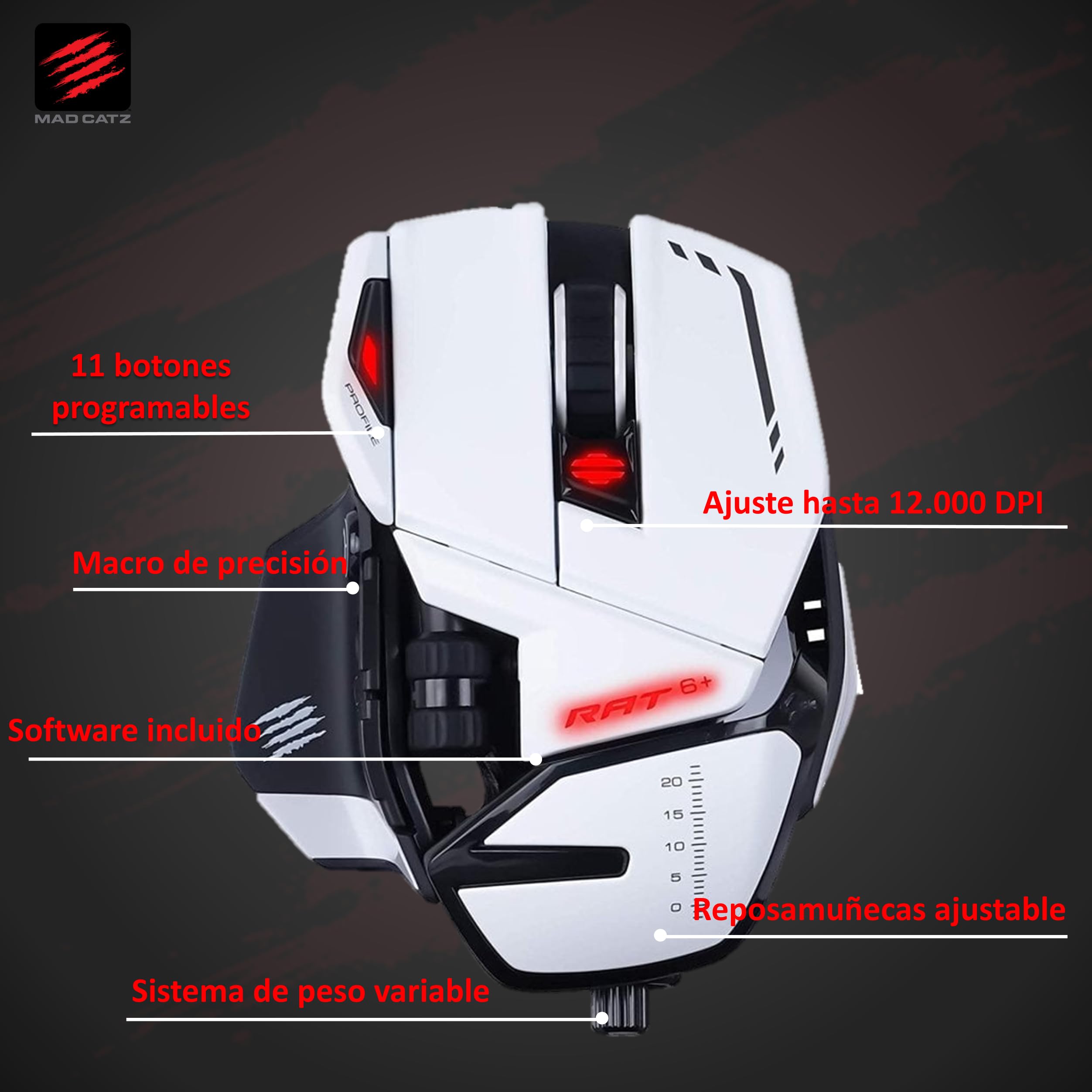 Mad Catz R.A.T. 6+ Mouse Gaming USB Cablato per PC - Mouse Ergonomico RGB con 11 Pulsanti Programmabili - Sensore Ottico Pixart PMW3360 12000 DPI - Poggiapolsi Regolabile - Bianco
