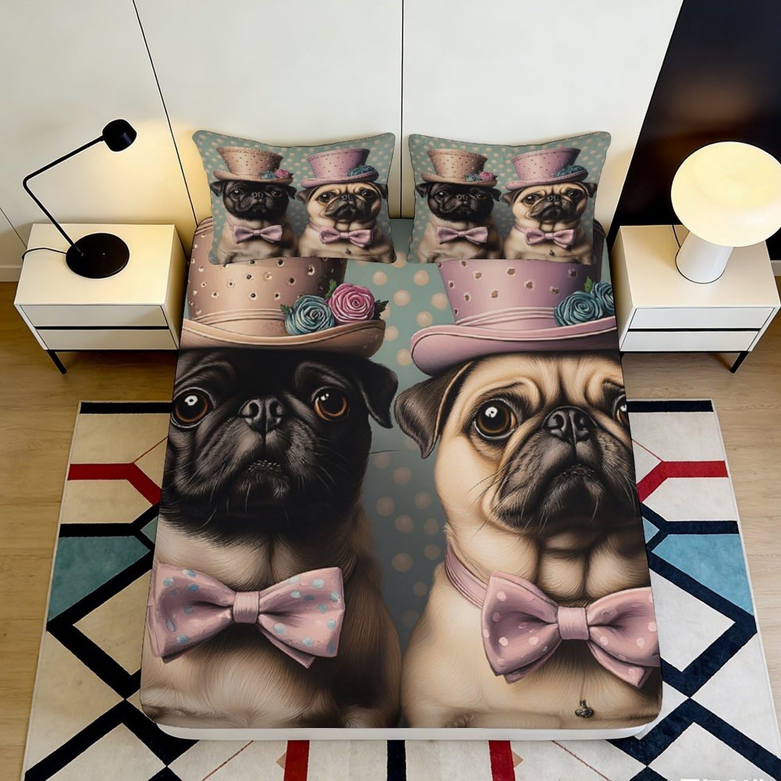 Jqzkxnhpbr Style-10 3D Printed Pug Bow Tie Fitted Sheet Microfiber Soft Anti-Slip Dog Hat Mattress Cover For Bedroom Decor Dorm Guest Room 90X200x25cm