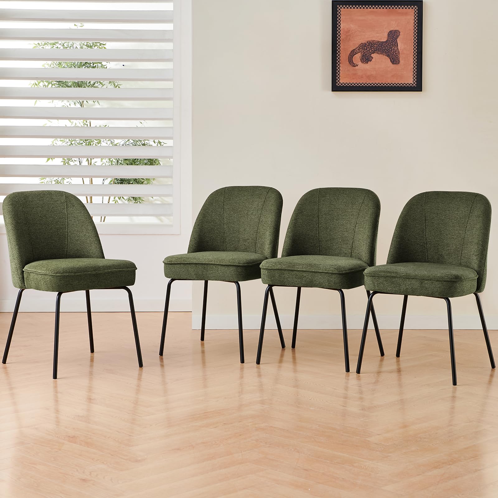 ZOONFA Set of 4 Dining Chairs Linen Kitchen Chairs with Metal Legs Upholstered Padded Cushion with Spring Curved Back Chair for Dining Room Kitchen (Green)