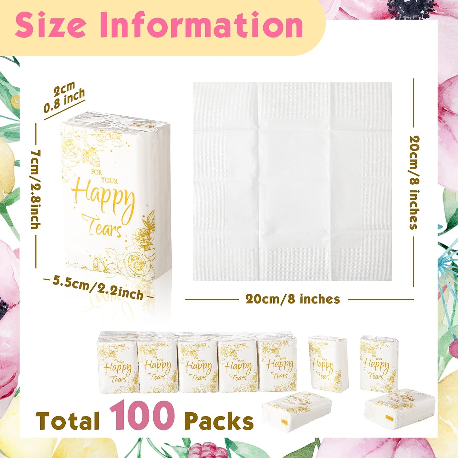 Spiareal 100 Pcs Happy Tears Tissues for Wedding Bulk 3 Ply,Gold Flowers