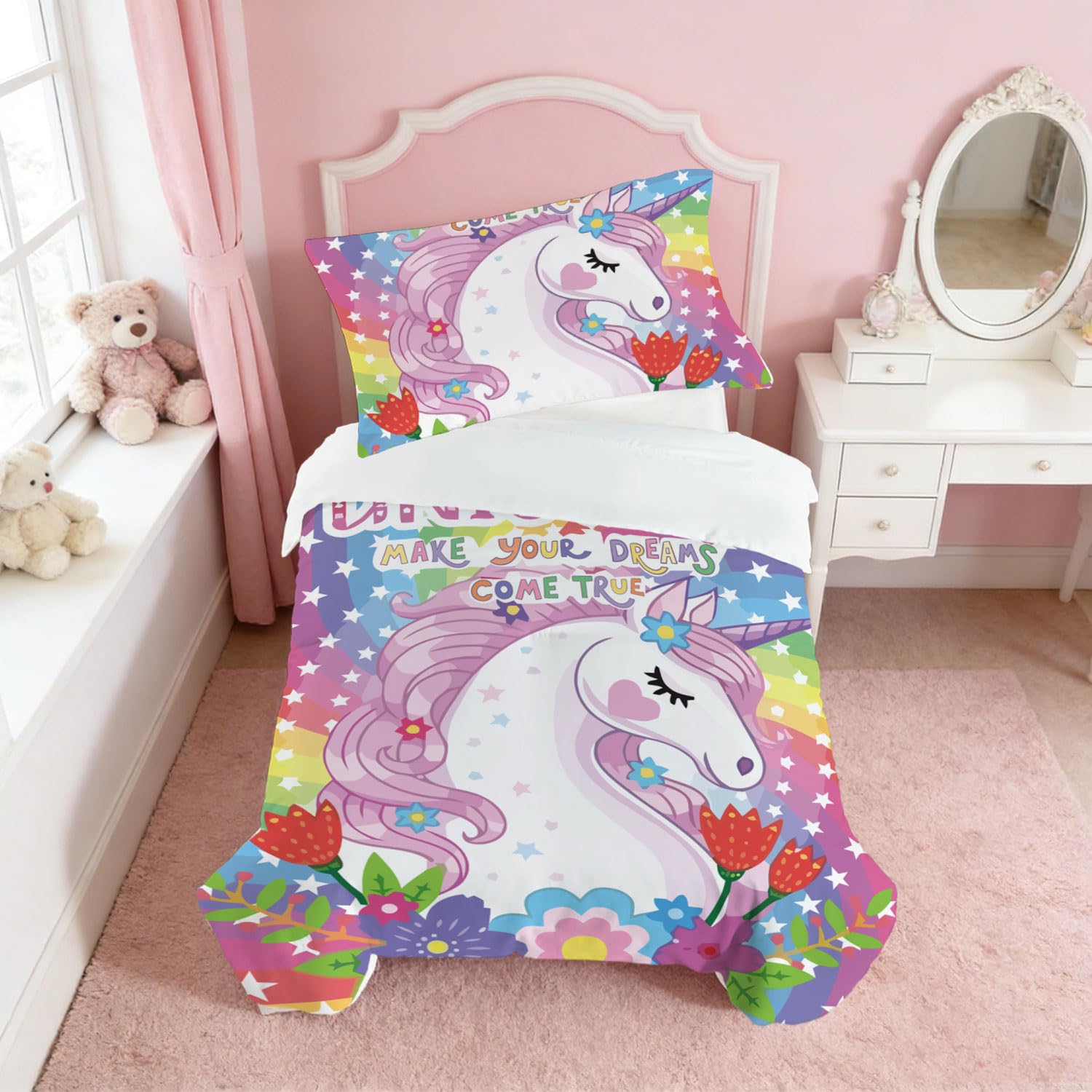 Snugoria Unicorn Cot Bed Duvet Cover Set for Girls, Toddler Bedding Set for Junior/Toddler/Cot Bed, Rainbow Cartoon Pattern Quilt Cover 120×150 cm and Pillowcase 40x60 cm — image 1