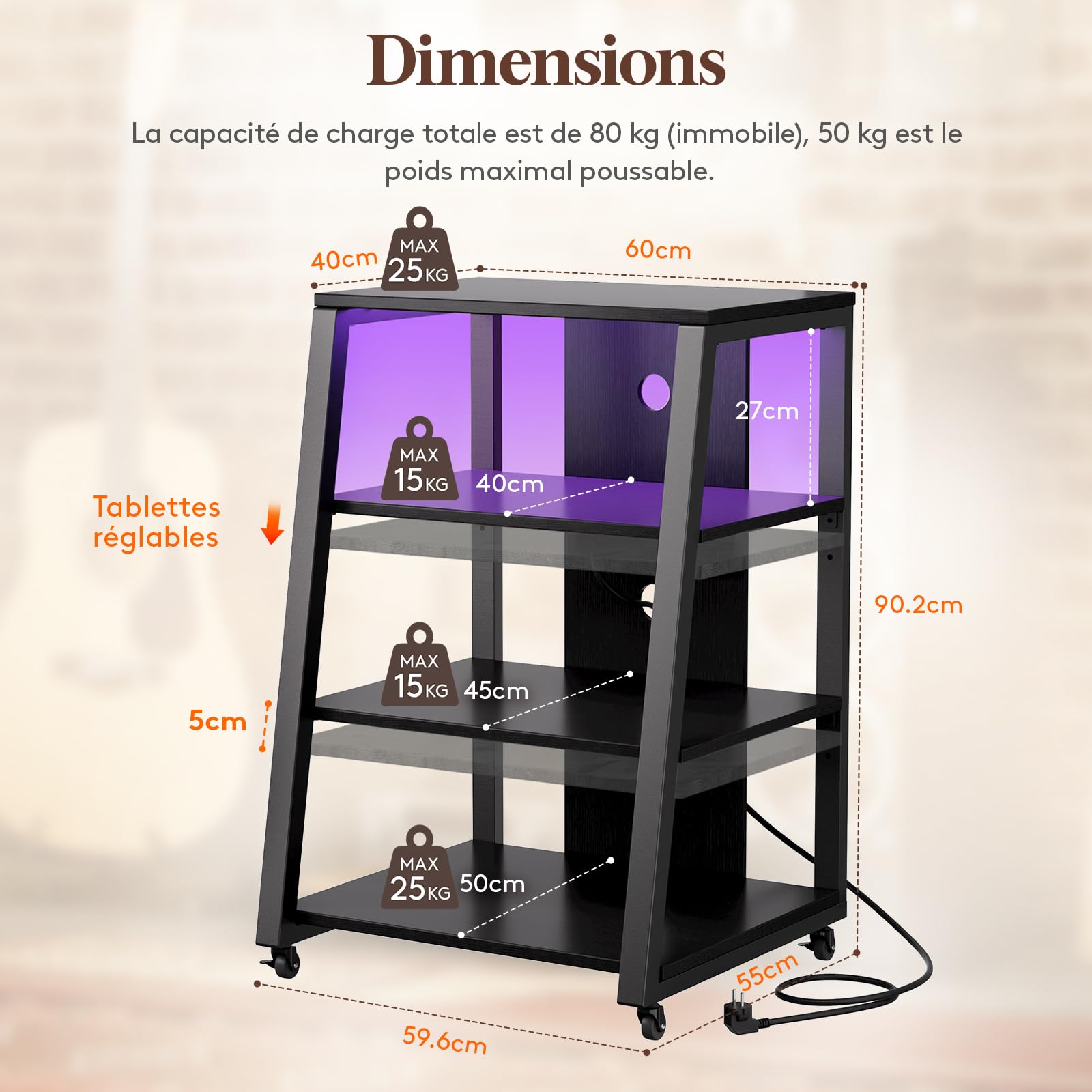 Lifewit Meuble Hifi 4 Niveaux avec Multiprises et Lumières LED, Meuble Vinyle en Bois et Acier, 60 x 55 x 90 cm, Noir