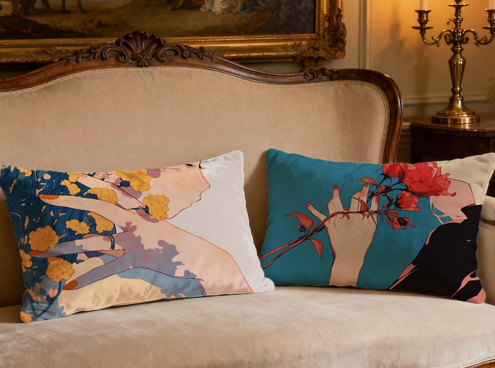Lot de 2 housses de coussin velours turquoise 40x80 cm pour canapé