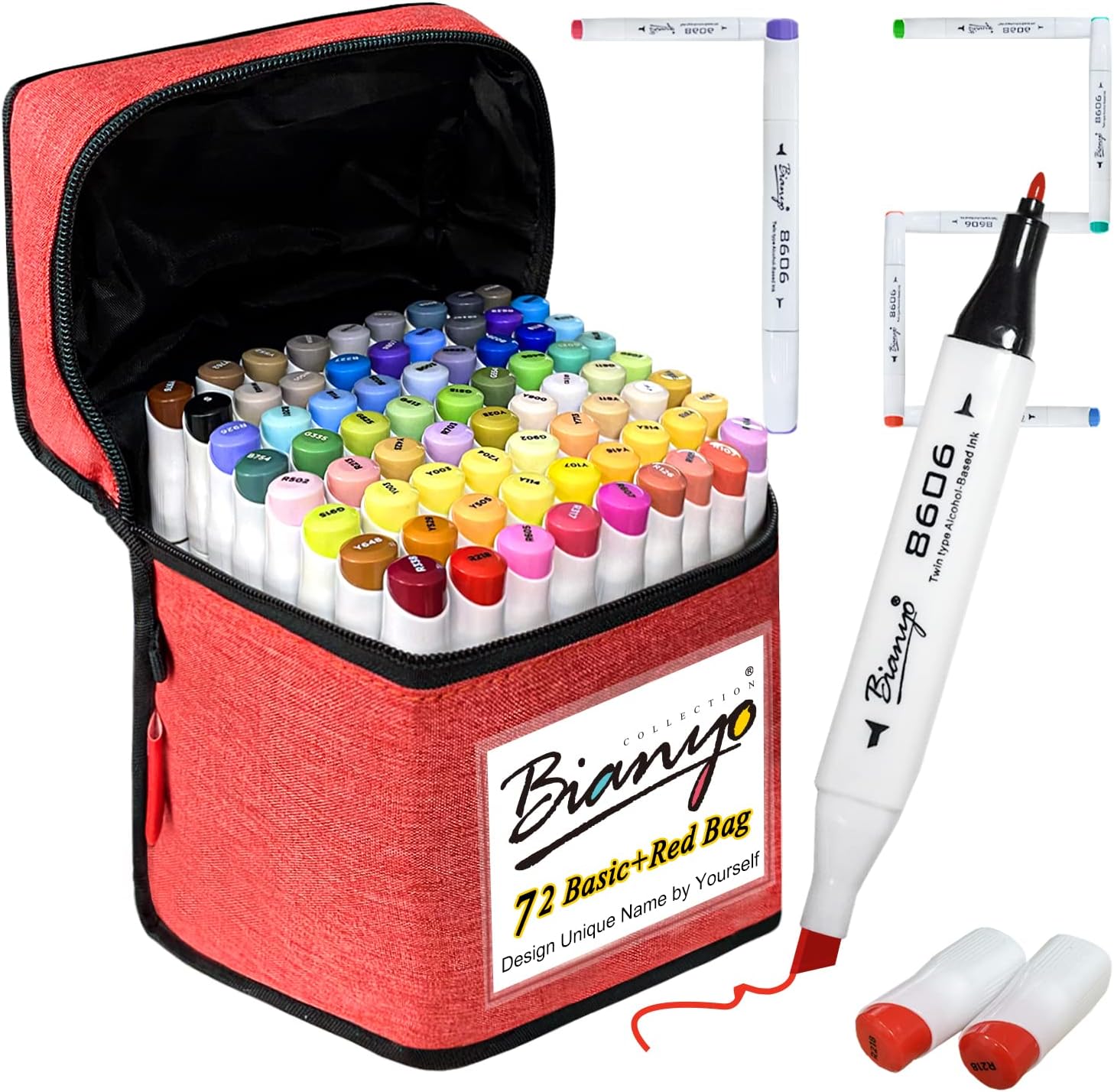 Bianyo Classic Series Alcohol-Based Dual Tip Art Markers（Set of 72, Red Travel Case with a Designable Card)