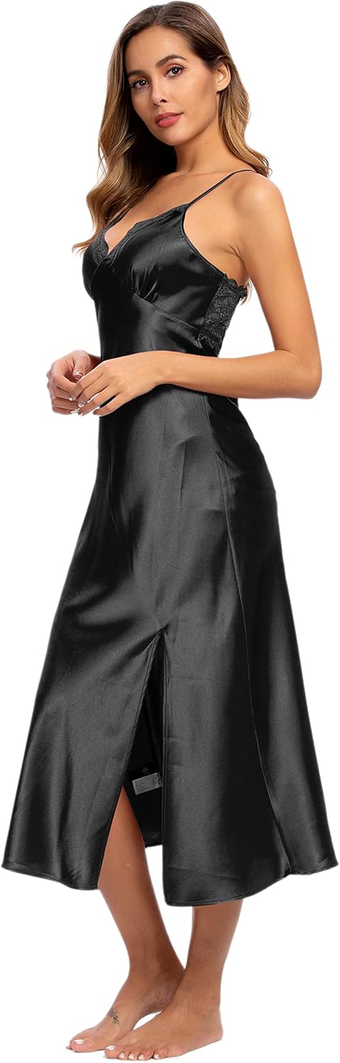 ALCEA ROSEA Women Silk Satin Nightgown Sexy Lace Chemise Lingerie Long Sleepdress for Ladies Sleepwear Slip Negligee - Image 4