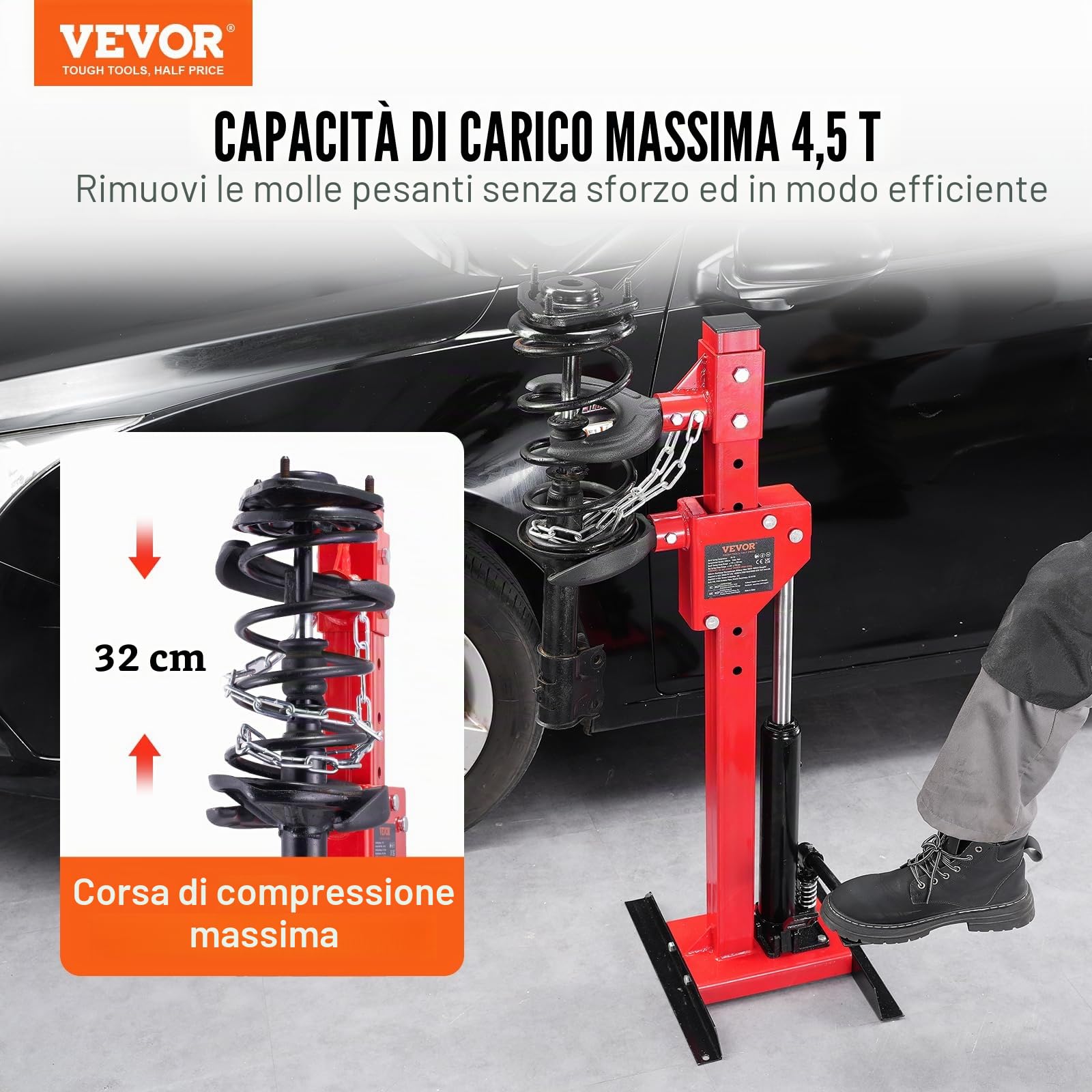 VEVOR Kit Compressore a Molla Ammortizzatore Idraulico per Auto Corsa da 320mm, Kit di Strumenti Compressore a Molla Cilindro Idraulico 4,5T con Pedale per Rimozione Molle di Sospensione per Auto SUV