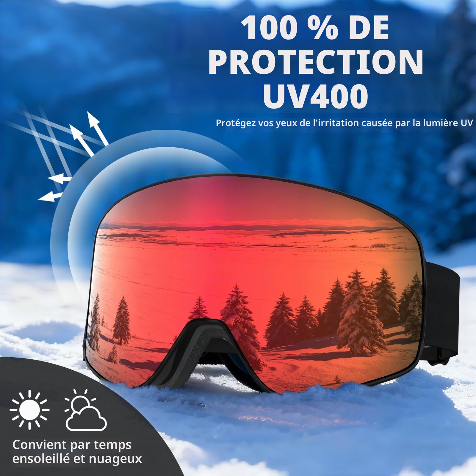 Masque de Ski YH212 avec Magnétique Lentille Interchangeable | Lunettes de Ski OTG pour Unisexes Ajustables Anti-UV Coupe-Vent Anti Buée Lunettes de Snowboard pour Sports Hiver