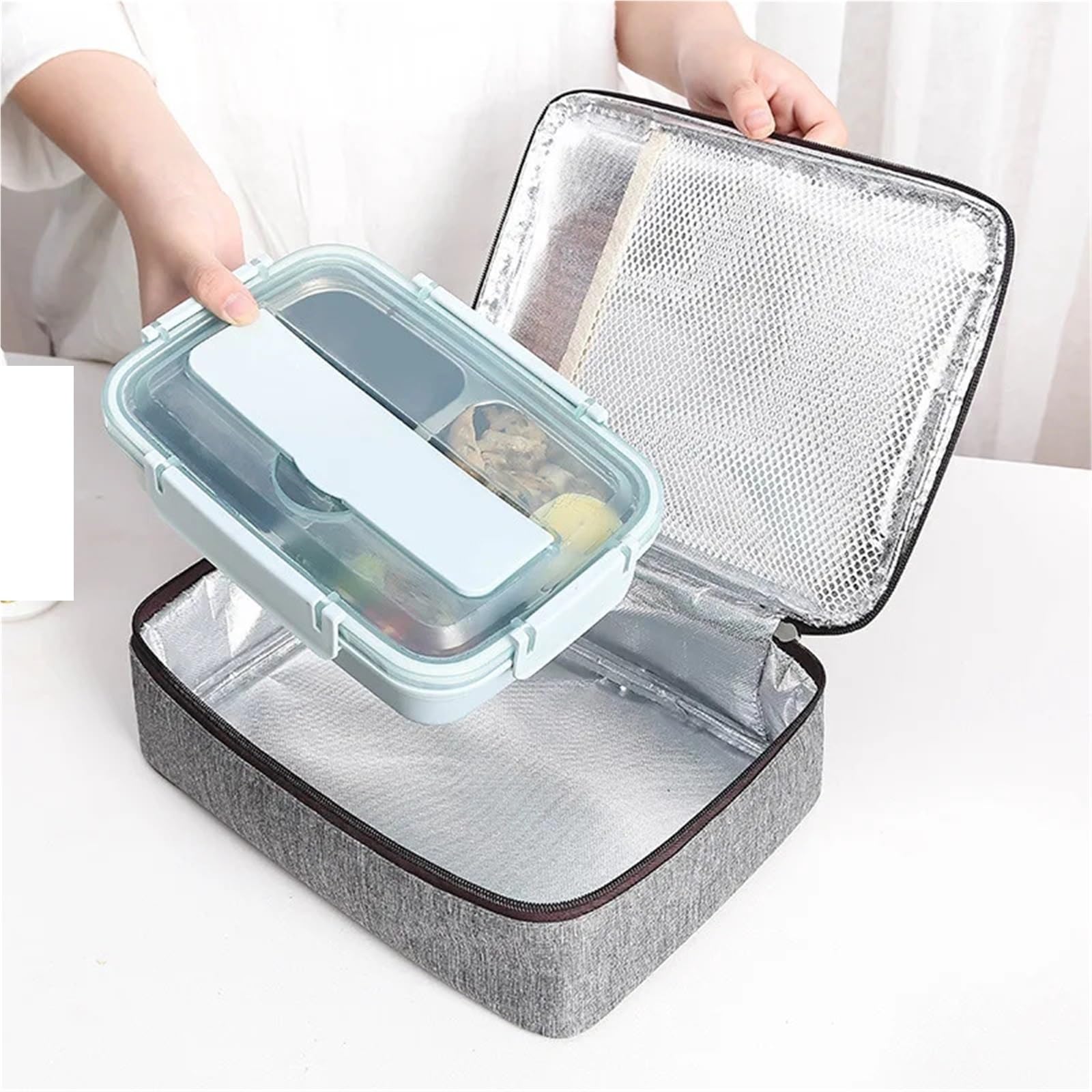 Borsa termica for alimenti Bento da picnic rettangolare in tessuto Oxford, 4 pezzi, portatile, di grande capacità, con isolamento termico ，Borsa da campeggio(Blue 35 * 25 * 10cm)