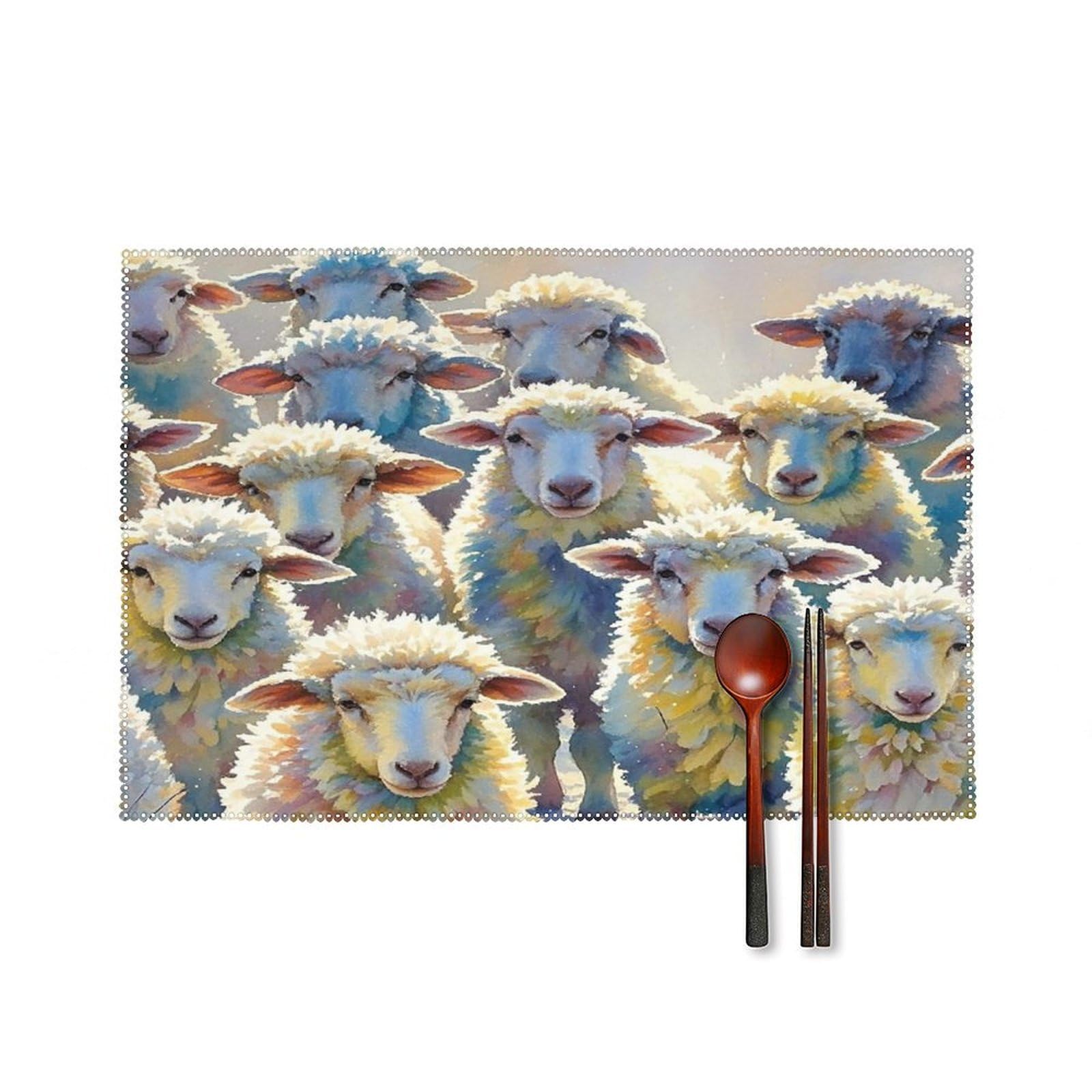 Watercolor Sheeps Placemats Set of 6 Heat-Resistant Washable Place Mats Wipeable Kitchen Placemat Easy to Clean for Indoor Outdoor Party Kitchen Decoration