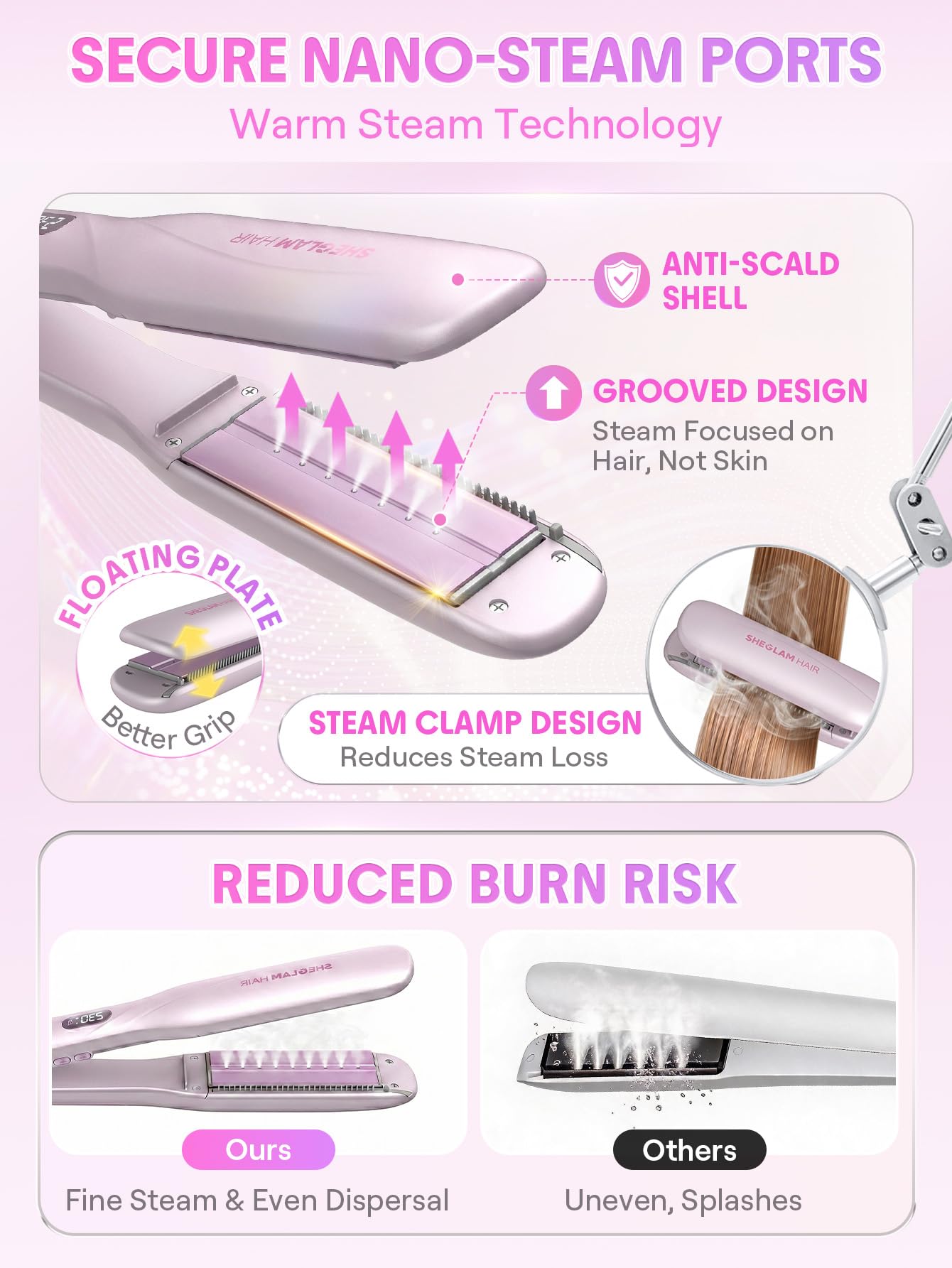 SHEGLAM Dampf-Glätteisen, Keramik-Glätteisen 38 mm | Nano-Dampf Anti-Scald, 90% weniger Hitzeschäden, 3 Dampfstufen, 3 Kämme für 2B-4C, Dual Voltage, langer Halt