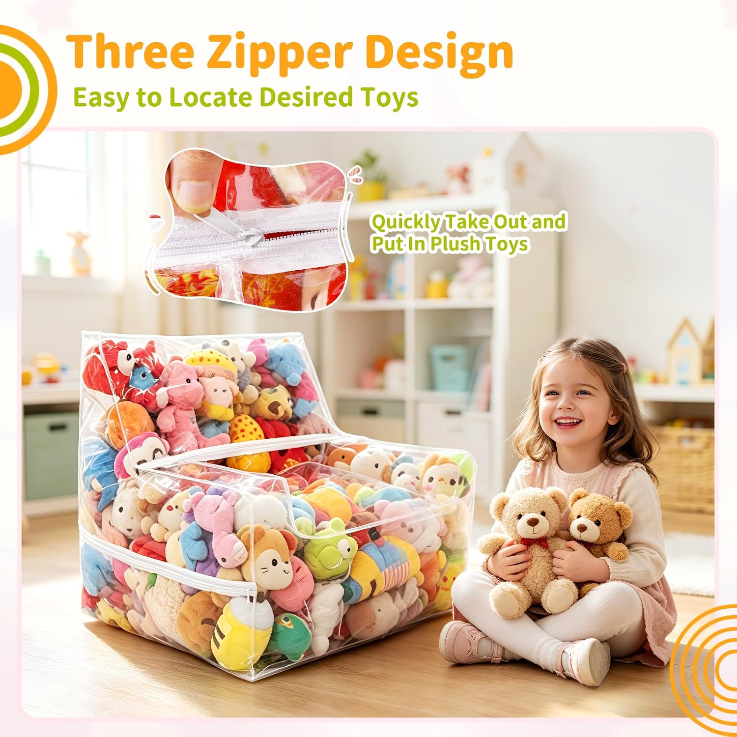 Stuffed Animal Storage Chair 25-inch,3 Hidden Zippers Toy Organizer, 0.35mm Thick PVC，Clear Bean Bag Chair for Kids & Adults