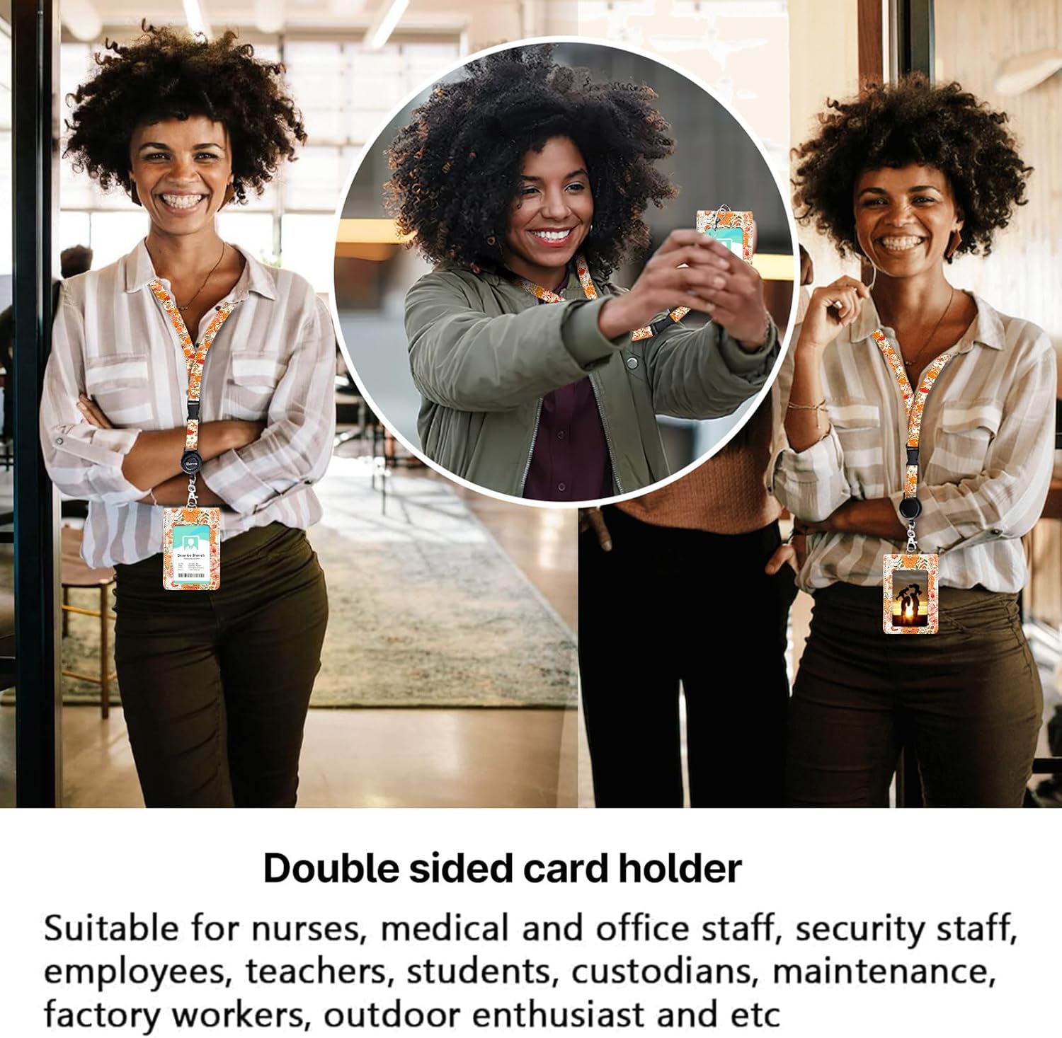Cute Badge Holder with Clear Double-Sided Windows Easily Holds 1 to 4 Cards,Floral Leather ID Name Badge Holder with Adjustable Retractable Lanyards, Breakaway Neck Lanyards for Nurse Teacher School - Image 4