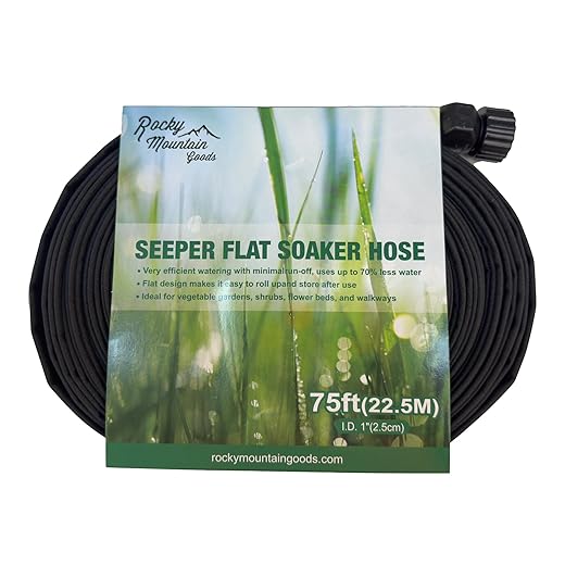 Rocky Mountain Goods Soaker Hose Flat 75 ft - Heavy Duty Double Layer Design - Saves 70% Water - Consistent Drip Throughout Hose - Leakproof Guarantee - Garden/Vegetable Safe